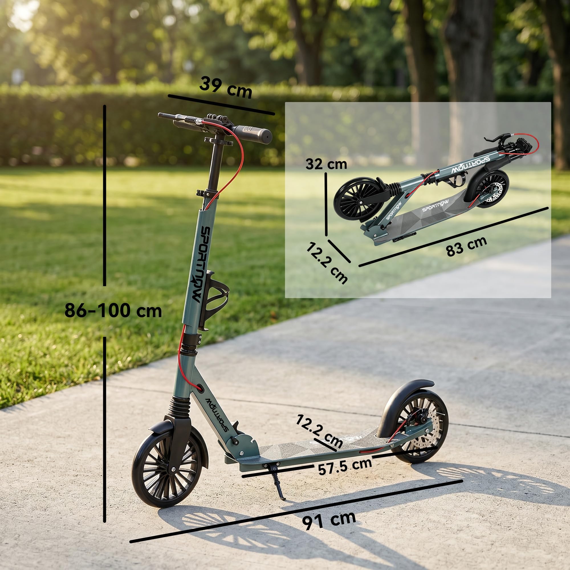 SPORTNOW Monopattino Adulto Pieghevole con Manubrio Regolabile, Scooter Pieghevole in Alluminio con un Solo Clic, Ruote Grandi di 200 mm, Ammortizzatore, Doppio Freno, ABEC-7, Portata 100 kg, Argento