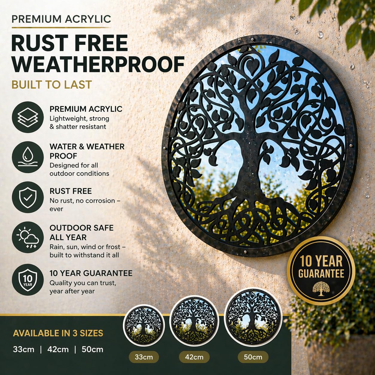 Miroir de Jardin Arbre de Vie 50 cm de Diamètre Sun Catcher Décoration de Jardin Miroir Encadré Rond pour Fixations Extérieures Inclus, Colour:Black