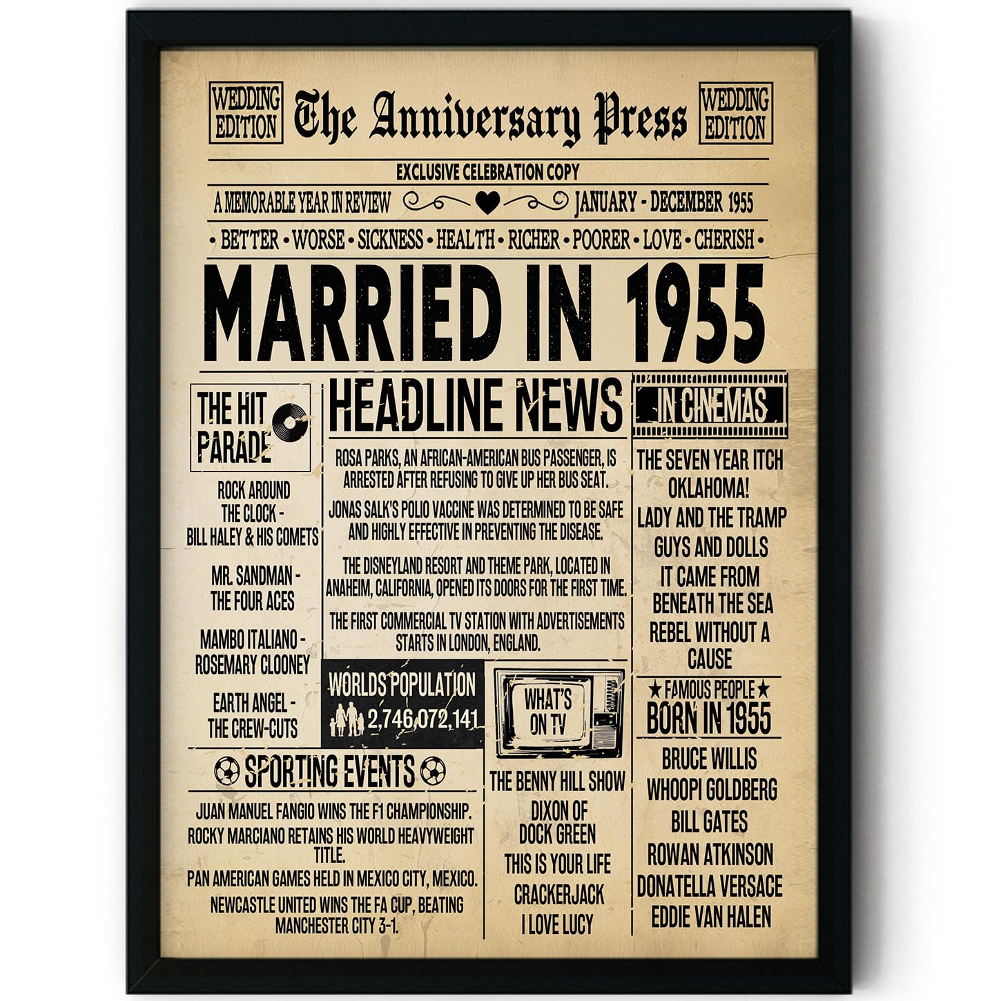Stuff4 Men's 1955 71St Anniversary Poster Framed - Married In Newspaper - 71 Wedding Anniversary For Wo Retro Vintage Gifts Back In 8X10 Inch Anniversaries Posters