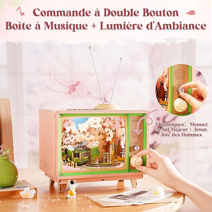 Rolife Puzzle 3D Anime Sakura Tram Décor TV, Maquette Bois 283 pièces – Maquette en Bois à Construire avec Tram Mobile & LED, Scène Fleur de Cerisier, Cadeau pour Construction & Maison