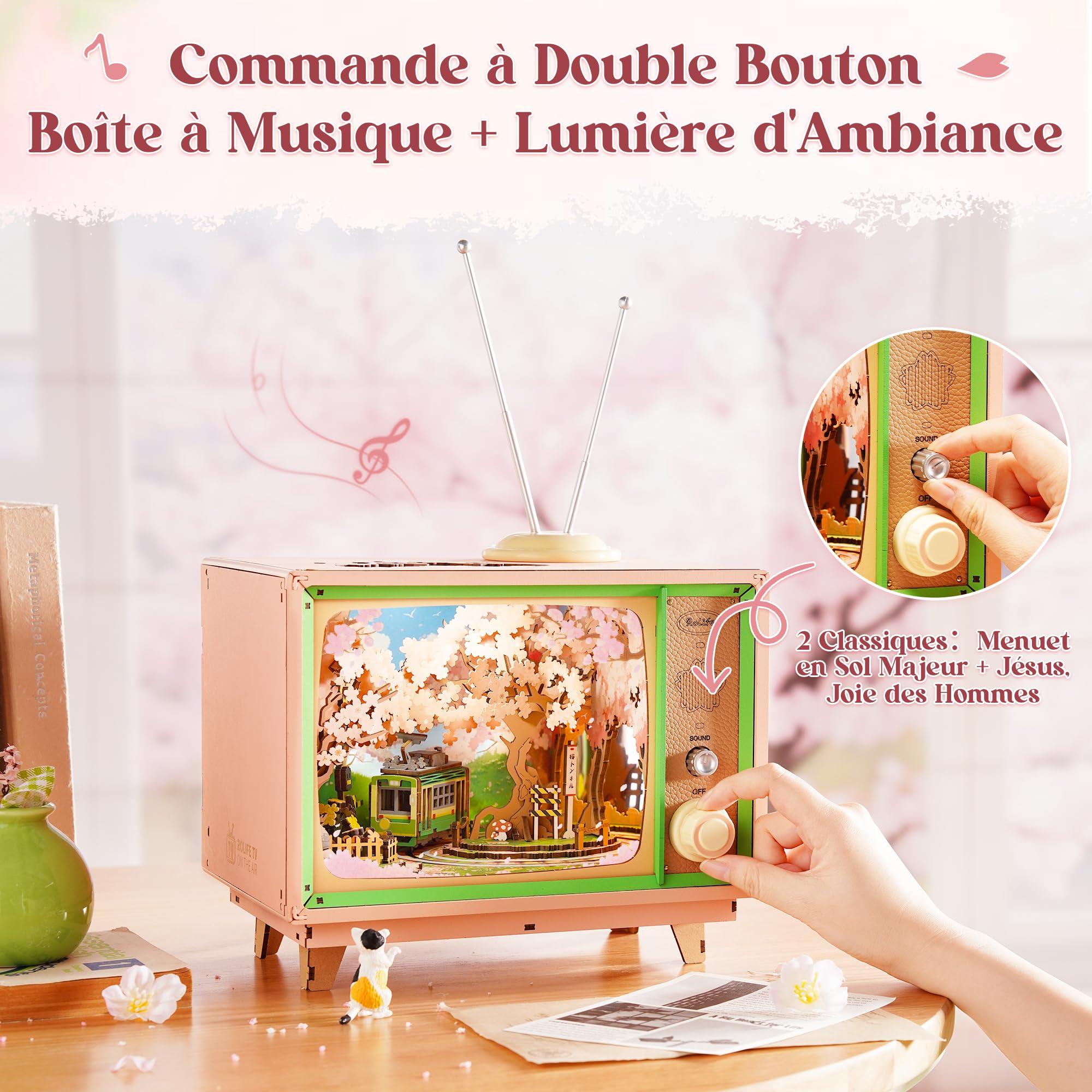 Rolife Puzzle 3D Anime Sakura Tram Décor TV, Maquette Bois 283 pièces – Maquette en Bois à Construire avec Tram Mobile & LED, Scène Fleur de Cerisier, Cadeau pour Construction & Maison
