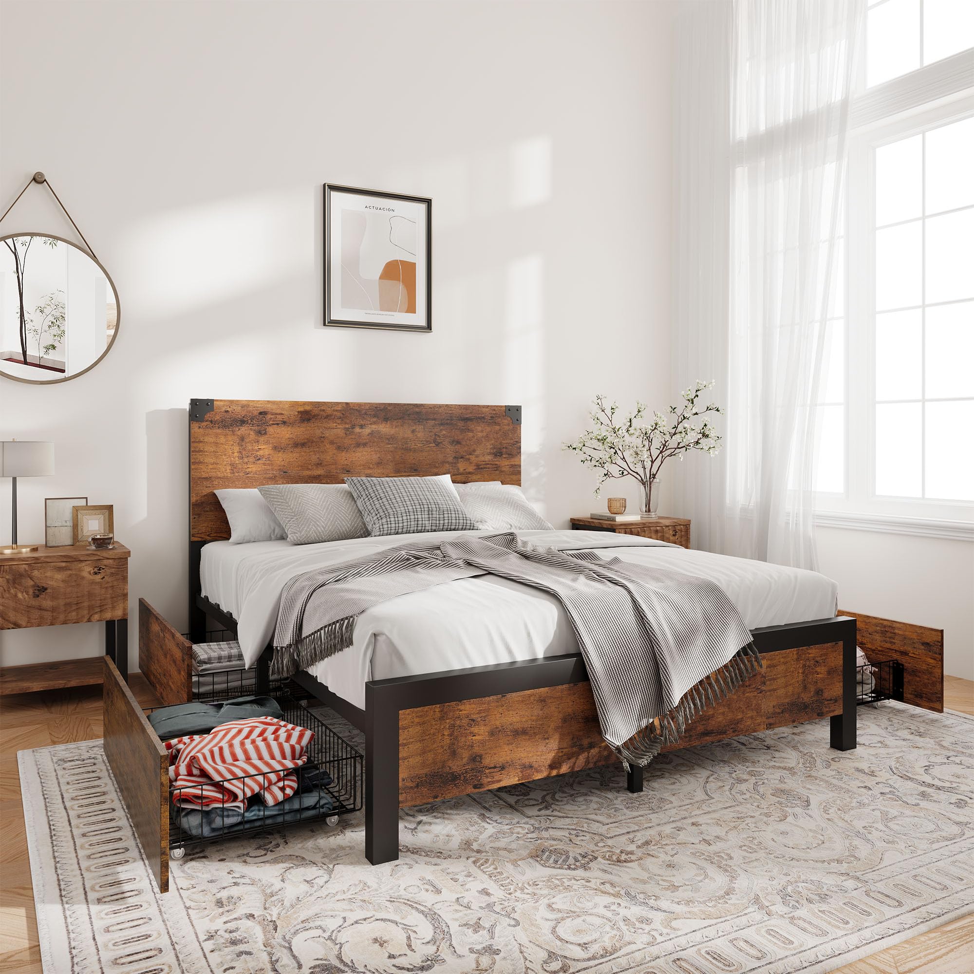 Photo 1 of ***SIMILAR ITEM***
Garvee Bed Frame Full Size with 4 Storage Drawers, Vintage Wood and Metal Platform Bed with Headboard and Large Storage Space, No Box Spring Needed, Noise Free