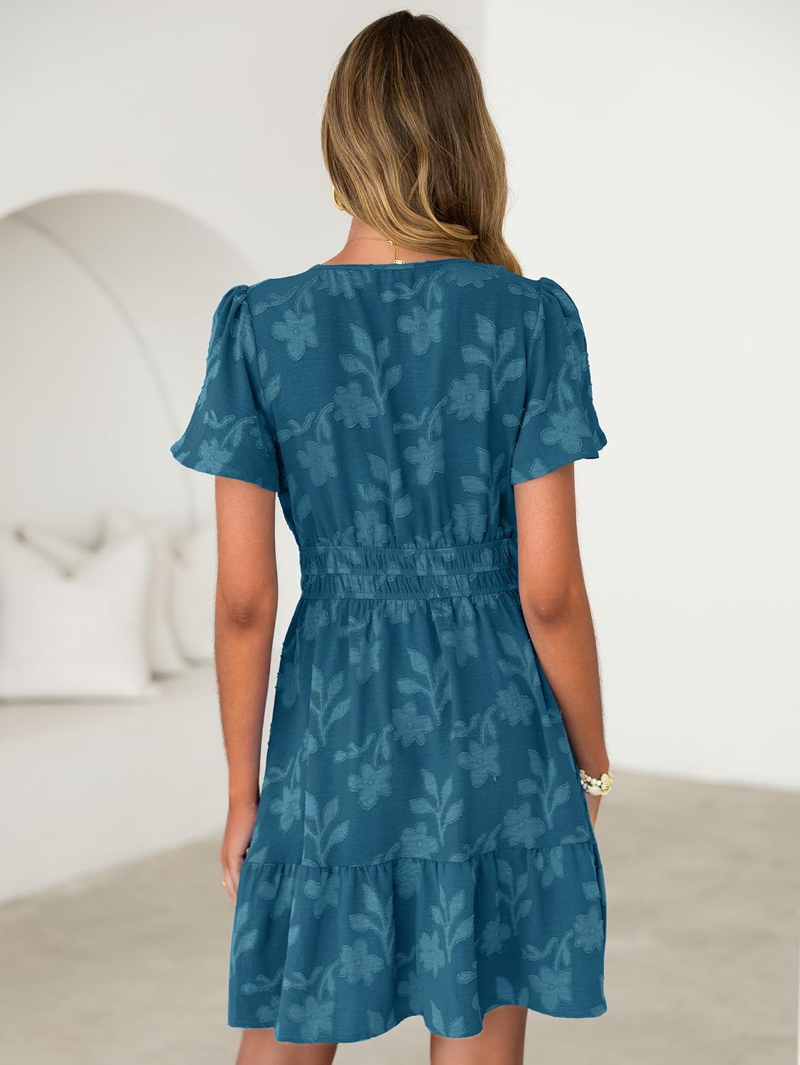 Simplee Womens Summer Floral Dress Casual Short Sleeve V Neck Empire Waist Boho Flowy A Line Mini Wedding Guest Dresses