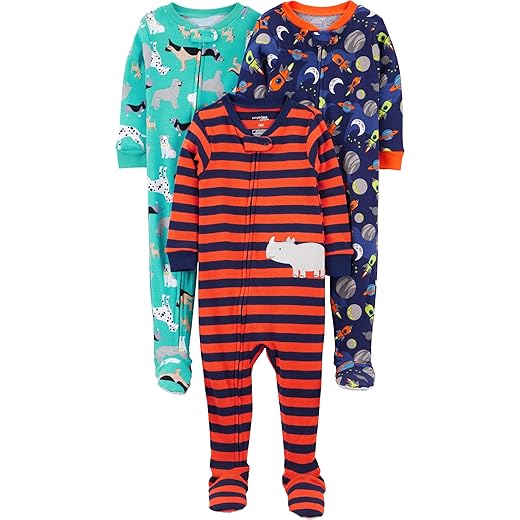 Simple Joys by Carter's Toddler Boys' Snug Fit Footed Cotton Pajamas, Pack of 3, Orange/Navy/Teal Blue, Dogs/Space, 18 Months