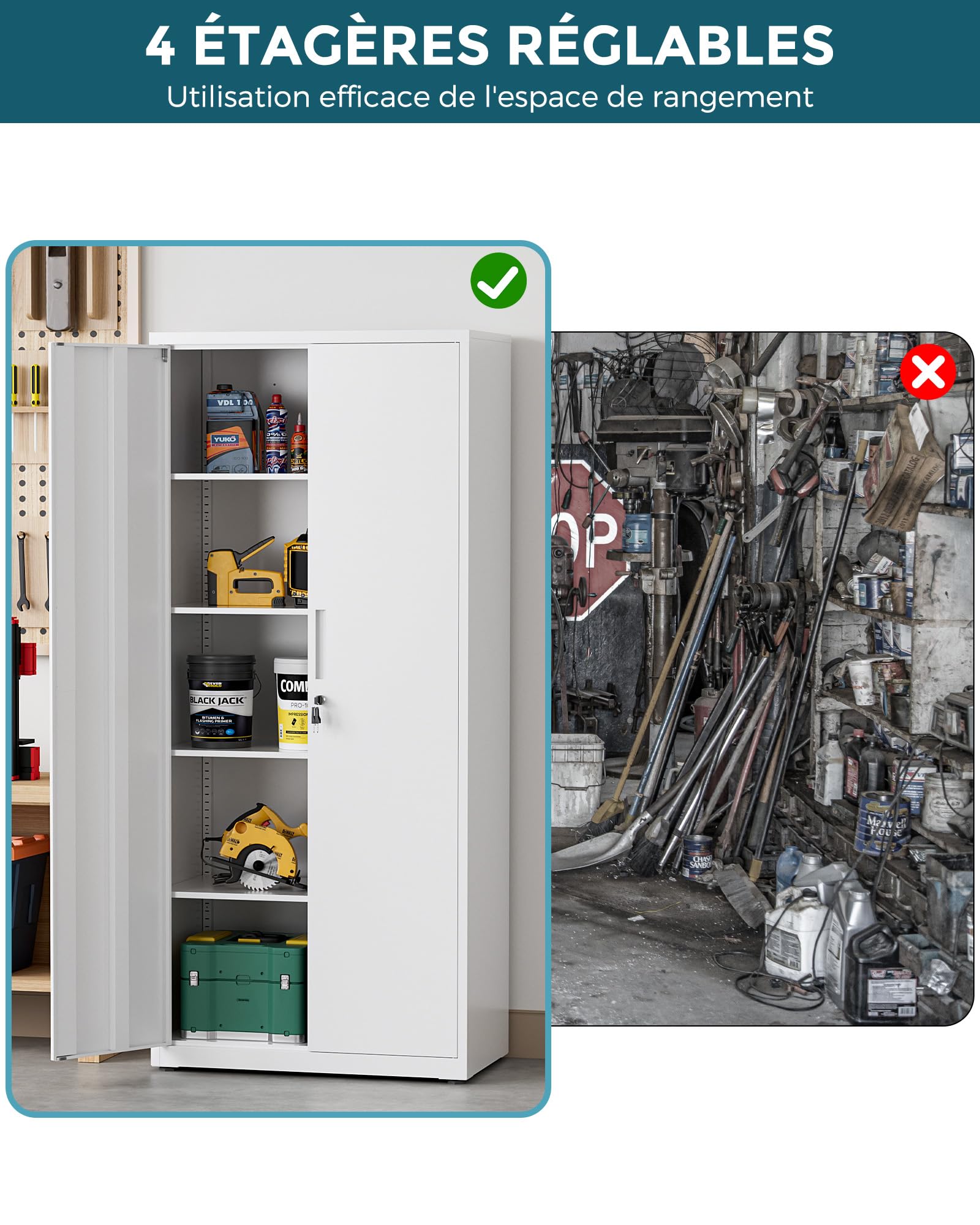 Armoire Métallique 181.5×80×40 cm, Meuble de Rangement de Bureau, 4 Étagères Réglables, avec Serrure, 4 Clés, Adapté aux Bureaux, Garages et Chambres, Blanc