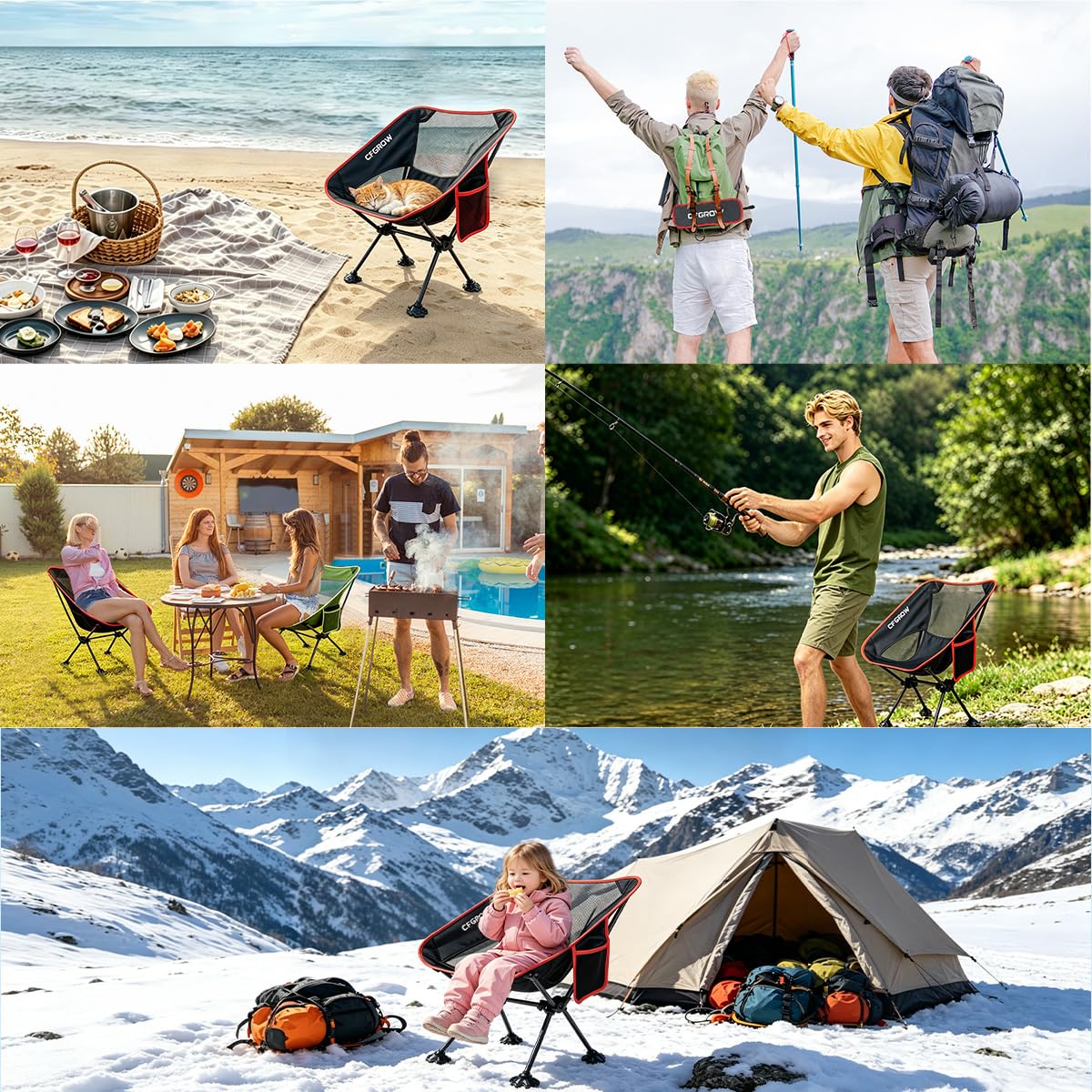 CFGROW Silla de camping plegable, portátil, 150 kg, ultraligera, tamaño pequeño, plegable, con bolsa de transporte, para picnic, pesca, jardín, senderismo, exteriores, color negro