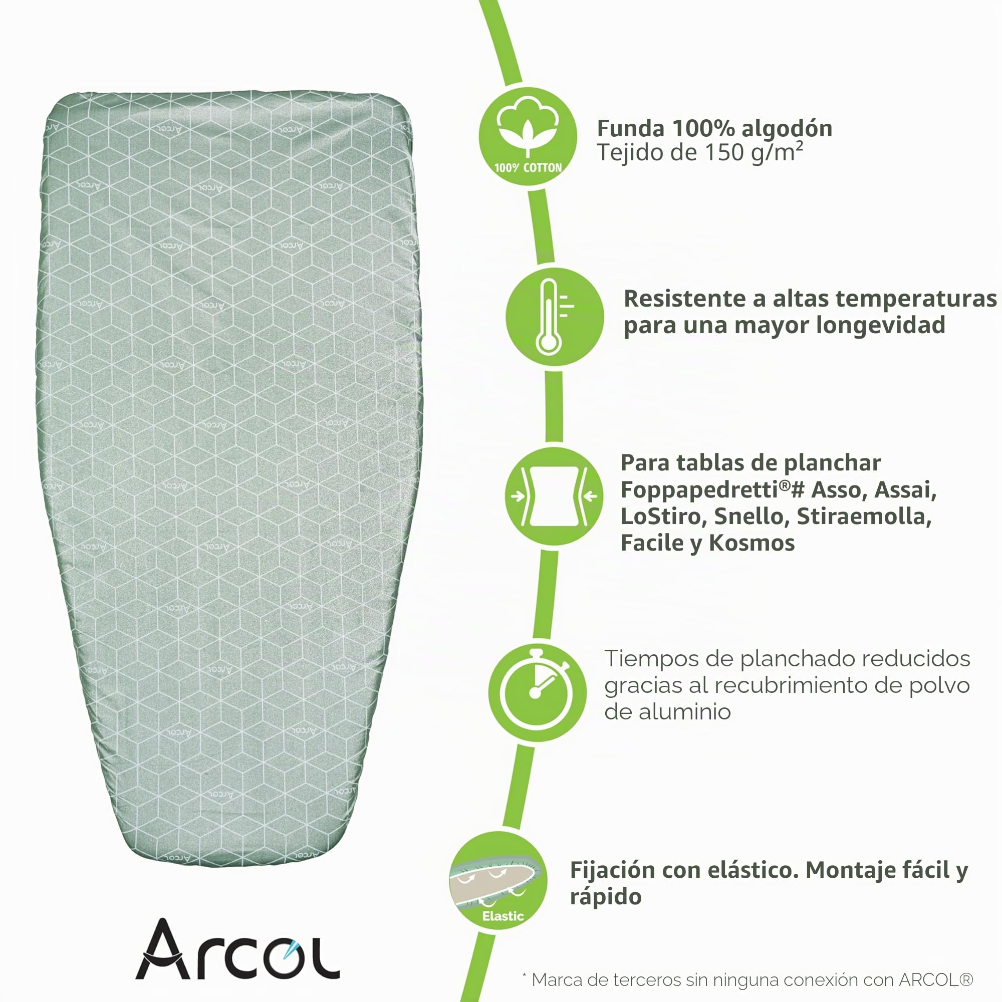 ARCOL Funda para tabla de planchar Foppapedretti, funda de repuesto elástica, fabricada en Italia, funda para tabla de planchar 100% algodón (cubierta, verde impresión moderno)