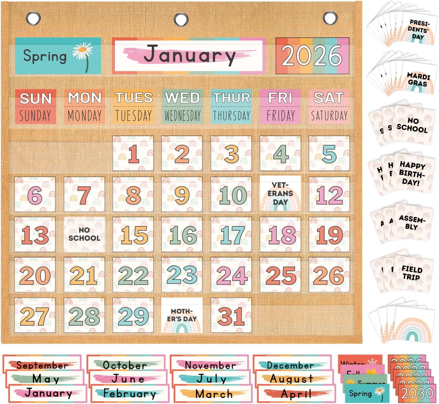 Rainbow Classroom Monthly Calendar Pocket Chart with 100+ Seasons Festival Date Cards, Linen Farmhouse Classroom Calendar Bulletin Board Chart Set for Toddler,Preschool,Kindergarten,Homeschool Learning Supplies