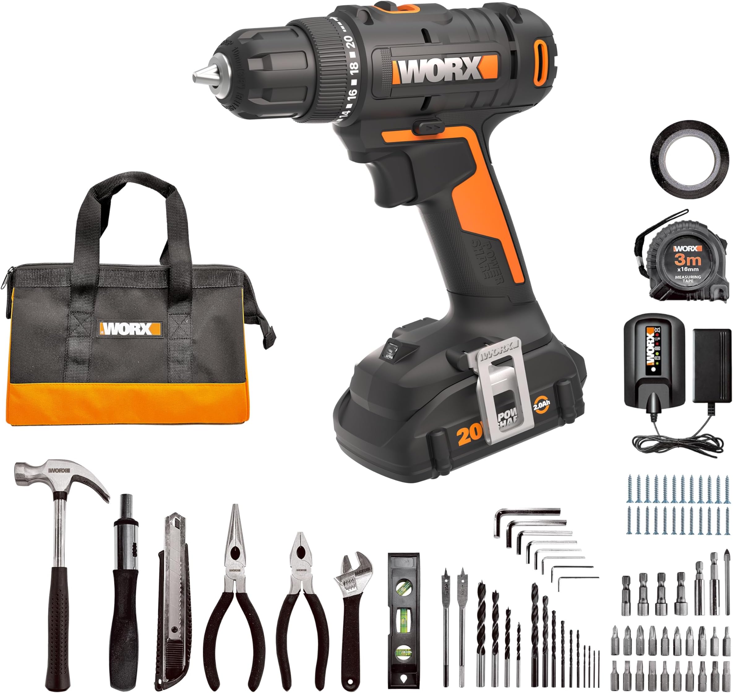 20V Cordless Drill Driver, 84pc Accessory Kit, Variable 2-Speed, 265 In-Lbs Torque, 20+1 Clutch, Lightweight, Compact, 3/8-Inch Keyless Chuck - Battery & Charger Included