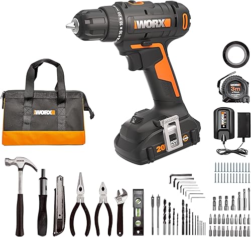 Worx Taladro inalámbrico de 20 V 38 pulgadas con kit de accesorios de 84 piezas, juego de taladro variable de 2 velocidades de 265 pulgadas en