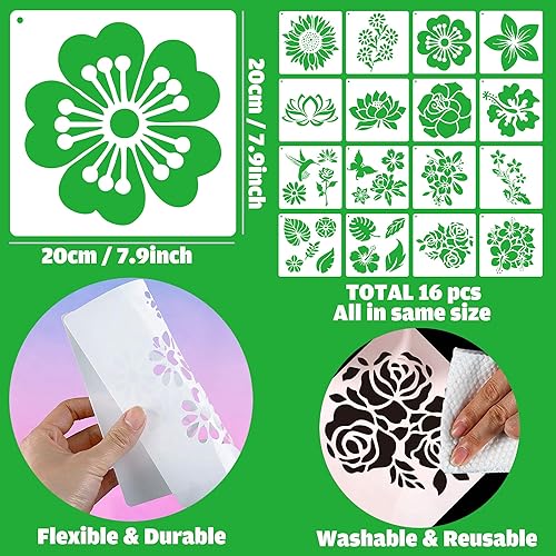 Miniatura 2 de Sotpot 16 plantillas de flores para dibujar flores grandes, plantillas de pintura, plantillas de bricolaje para pared de madera, decoración del hogar