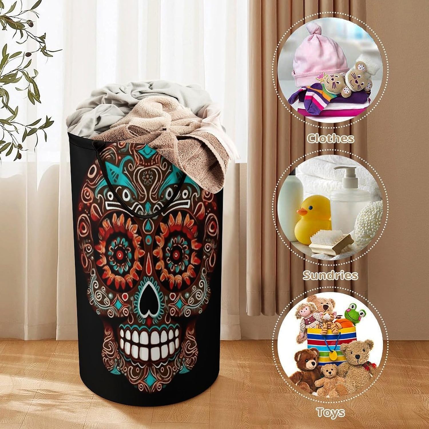Sugar Skulls Day of The Dead Laundry Hamper Portable Lightweight Clothes Hampers Fashion Dirty Laundry Storage Basket Large Capacity Foldable Clothes Baskets for Bathroom Bedroom