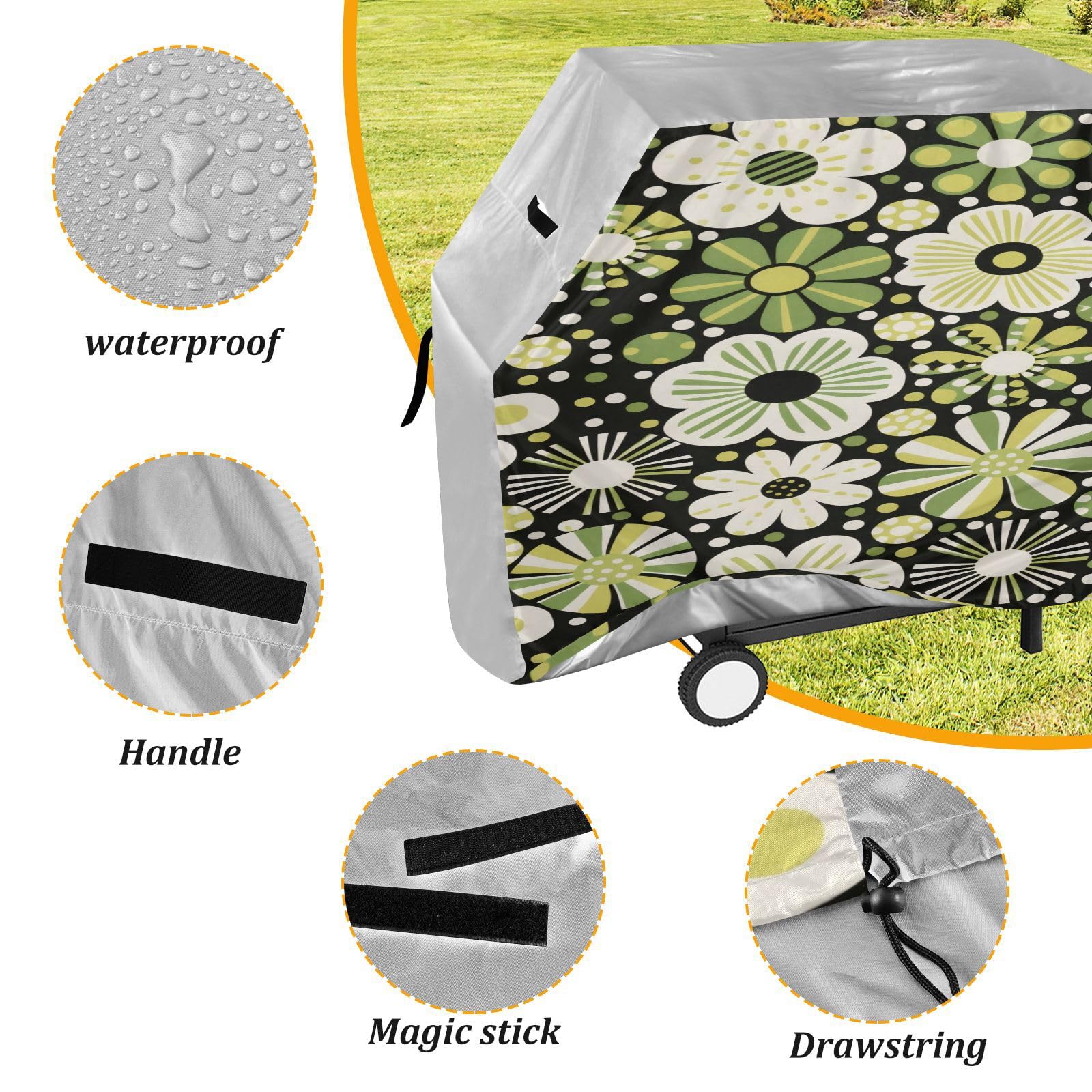 Copertura per barbecue da 165 cm, resistente, anti-UV, per esterni, copertura per barbecue, verde a pois