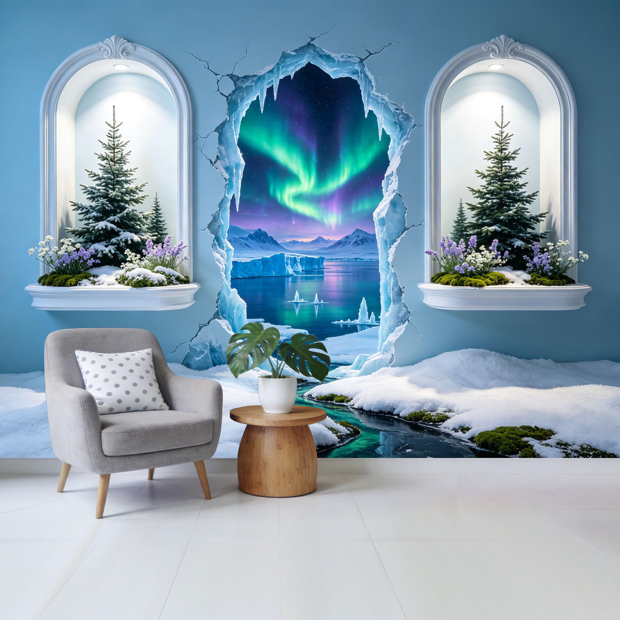Custom Size Wall Mural Arctic Landscape Aurora Borealis Ice Mountain Waterfall 3D Effect Removable Self Adhesive Fabric Home Wall Decor for Living Room Bedroom Bathroom