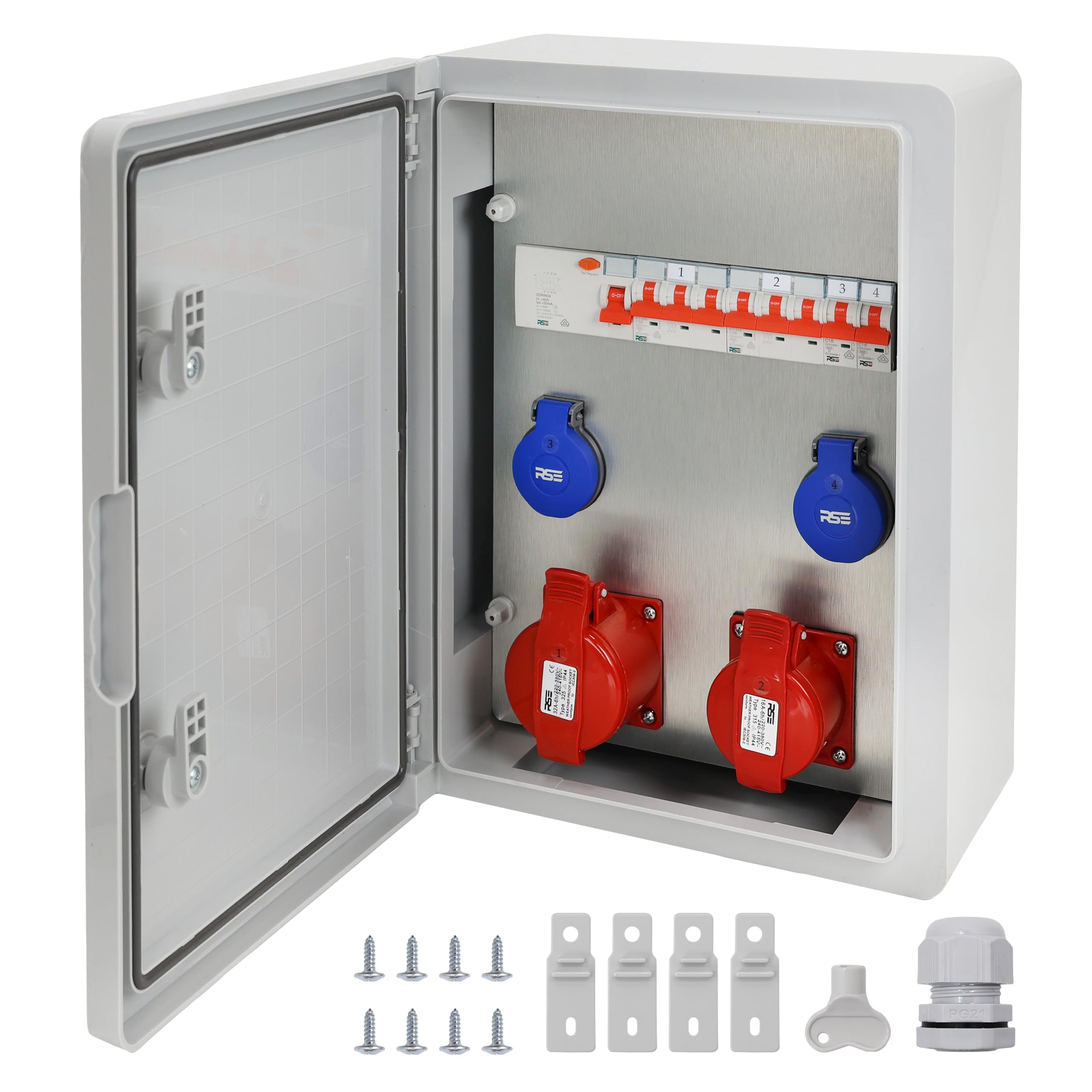 RSE abschließbarer ABS-Verteilerschrank mit Steckdosenkombination und Absicherung, Grau, 300 * 400 * 170mm, 1xCEE16A, 1xCEE32A, 2x230V, MIT RSE LS + FI