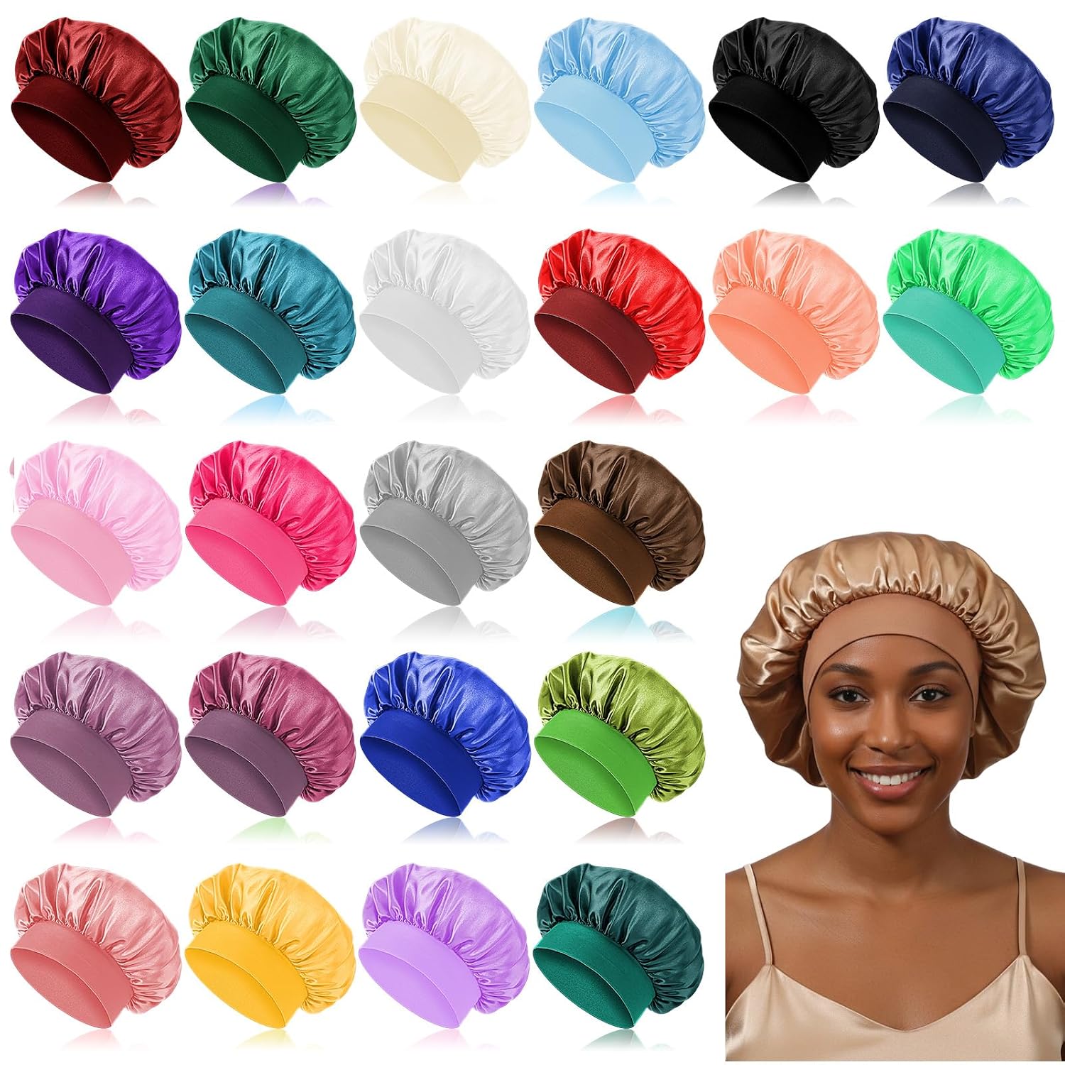 25Pcs Satin Bonnets for Sleeping Large Silk Bonnet for Men Wide Band Hair Bonnet Soft Elastic Hair Wrap Cap Silky Shower Cap Elastic Band Sleep Caps for Black Women Men Curly Hairs