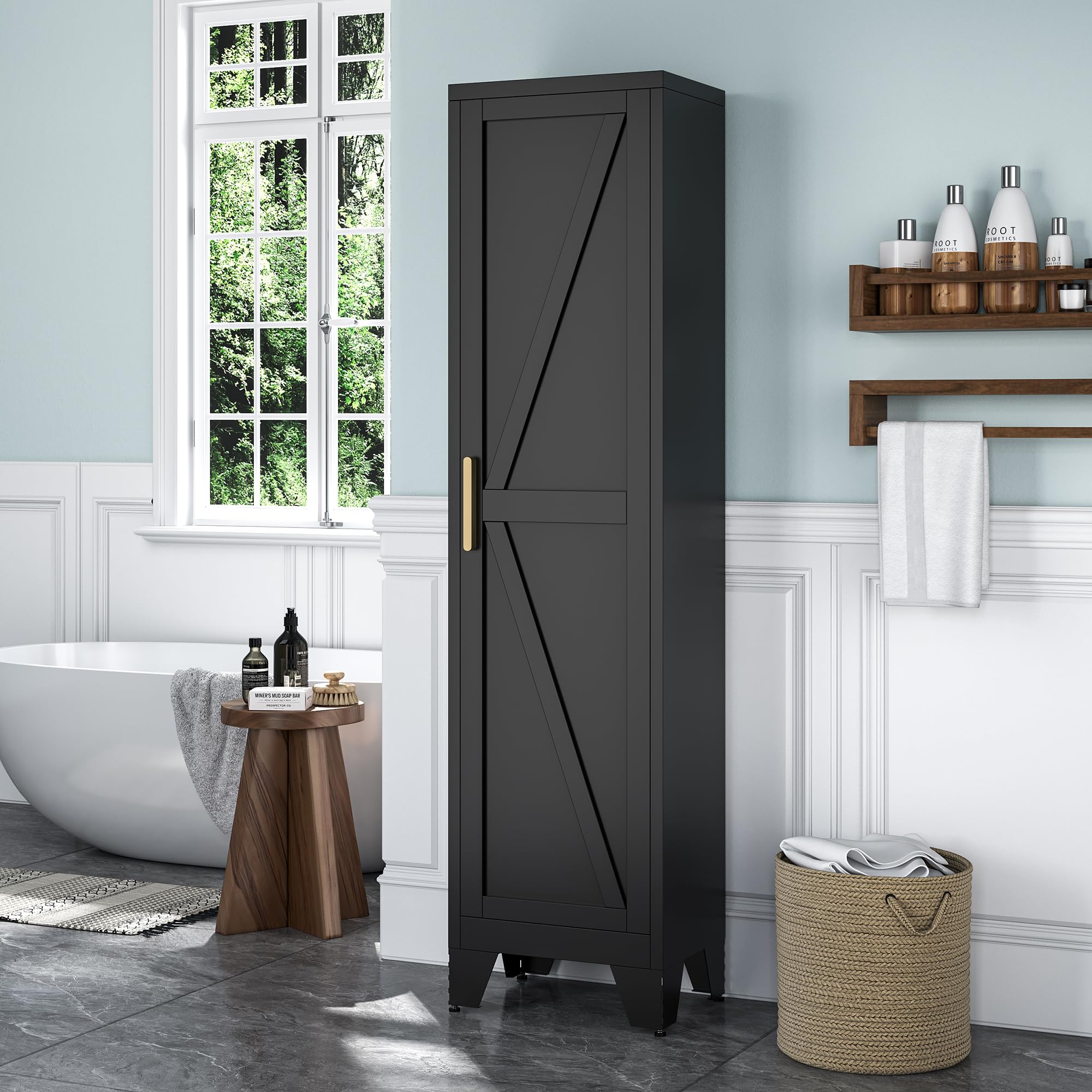 Baborokic Tall Bathroom Cabinet, Narrow Metal Storage Cabinet with 4 Adjustable Shelves and Single Barn Door
