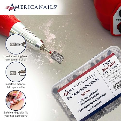 Miniatura 7 de Americanails Pro-Series Zebra, grano medio 150, bandas de lijado profesionales para lima de uñas acrílicas, juego de brocas de lijado E-File - 100