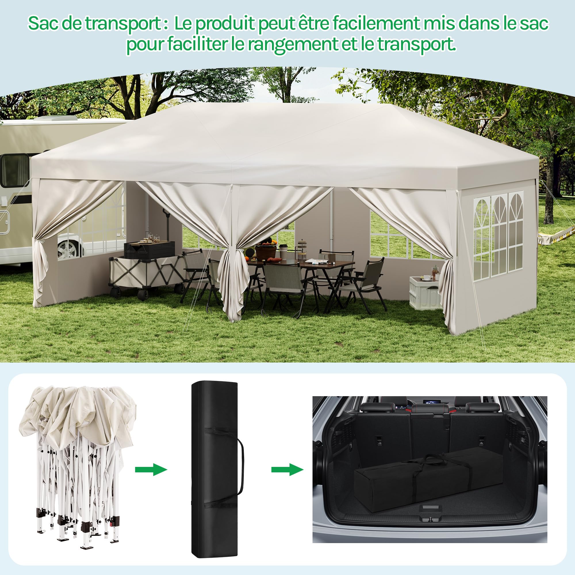 Laneetal Tonnelle de Jardin Pliante 3x6m, Tente de Réception Pop-up, Pavillon en Métal, avec 6 Parois Latérales et 4 Fenêtres, pour Camping Fête Plage, Beige