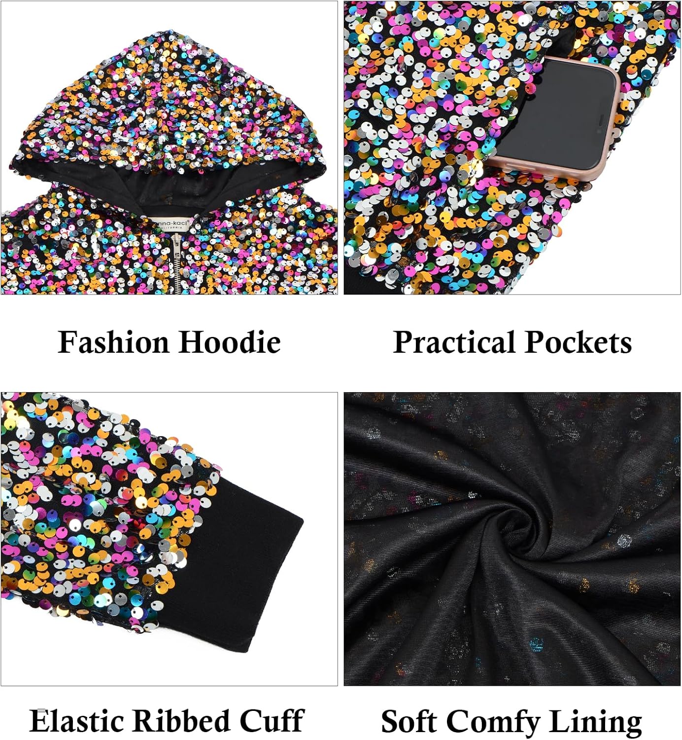 Anna-Kaci Women's Sparkly Sequin Jacket Hooded Glitter Zip Up Bomber Jacket Coat Concert Party Clubwear - Image 6