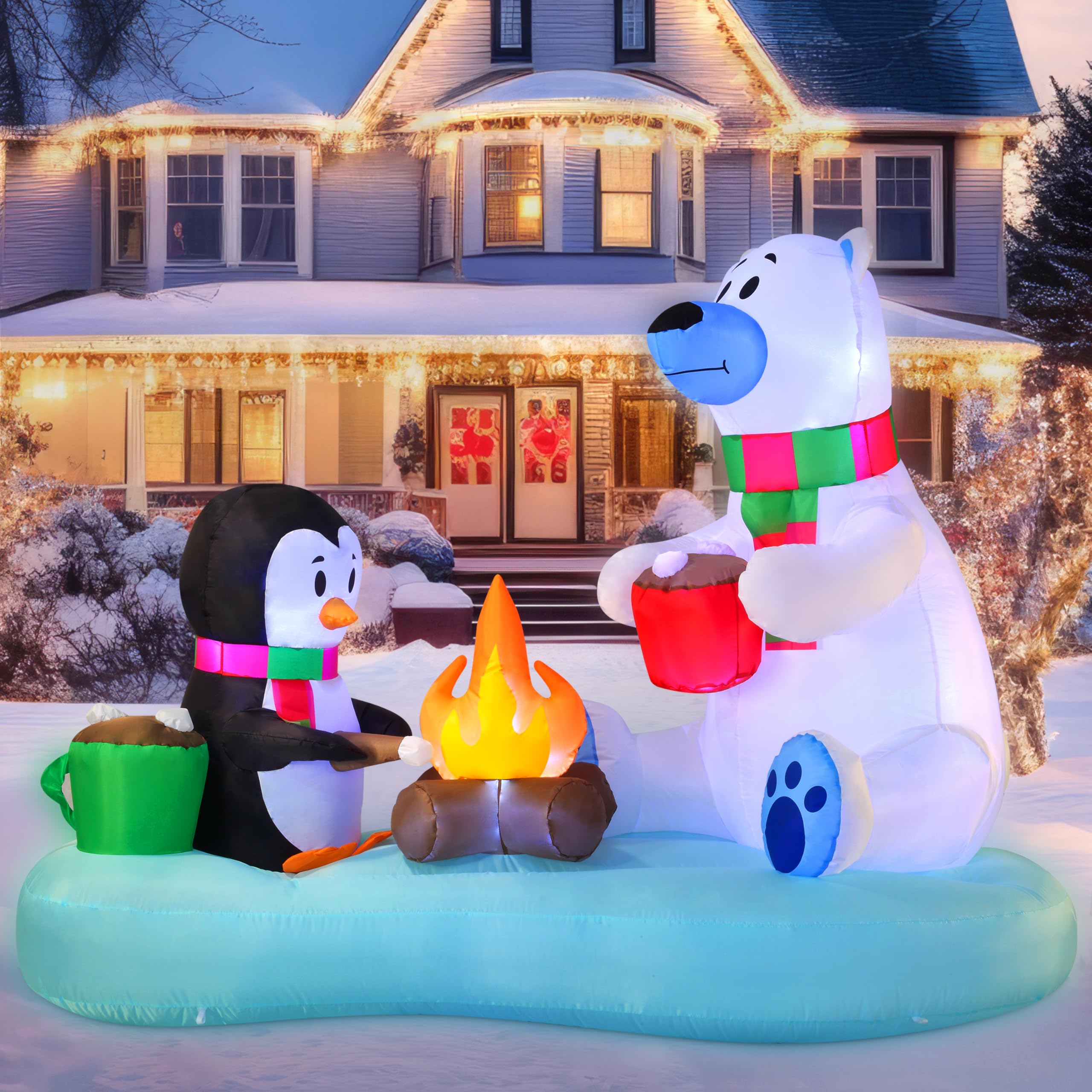 Joiedomi Ours polaire et pingouin gonflable de 1,8 m de long avec décoration de feu de camp, décoration de Noël gonflable avec LED intégrées pour fête de Noël, pelouse, décoration d'hiver