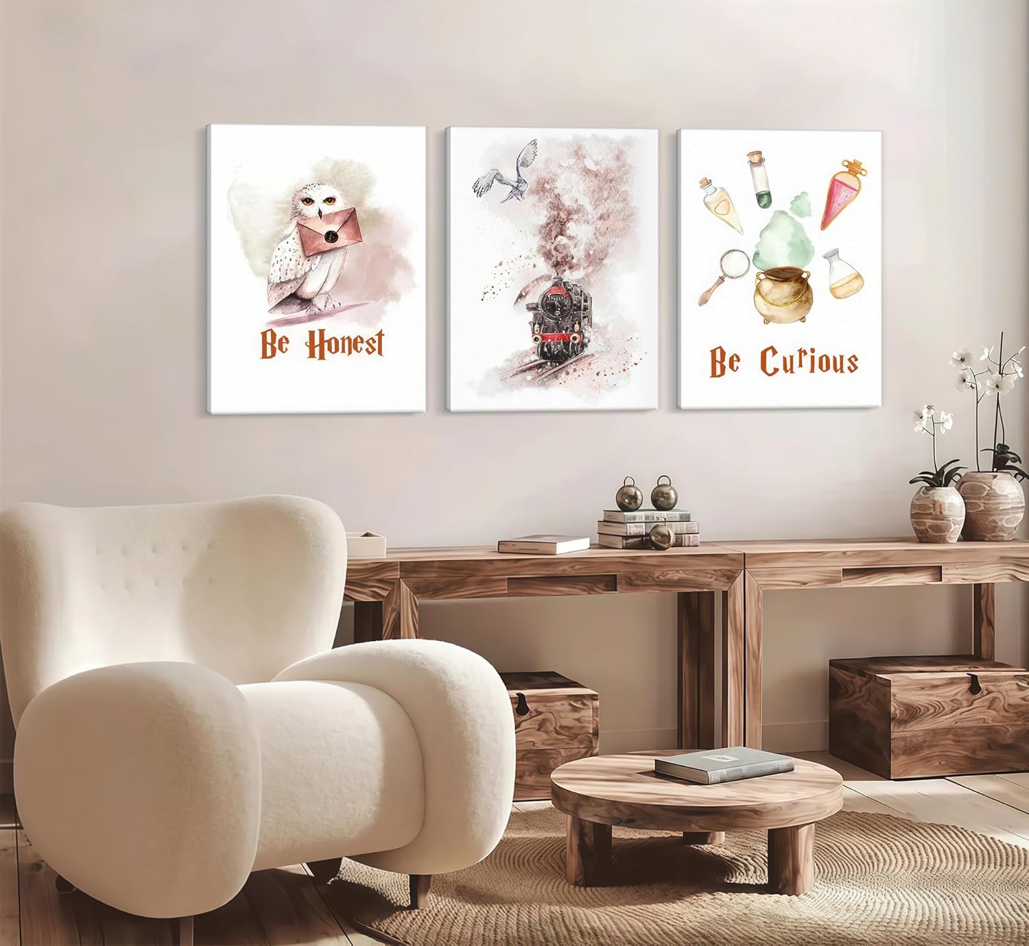 3Pcs Owl Express Train Magic Canvas Wall Art Vintage Watercolor Animal Painting Picture Wall Decor Magic Lovers Honest be Curious Poster Print Artwork for Dormitory Bedroom Nursery Home Decoration