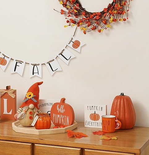 Miniatura 4 de Juego de decoración de bandejas escalonadas de otoño, 5 piezas de decoración de otoño con gnomo, letreros de calabaza, bloques de madera y