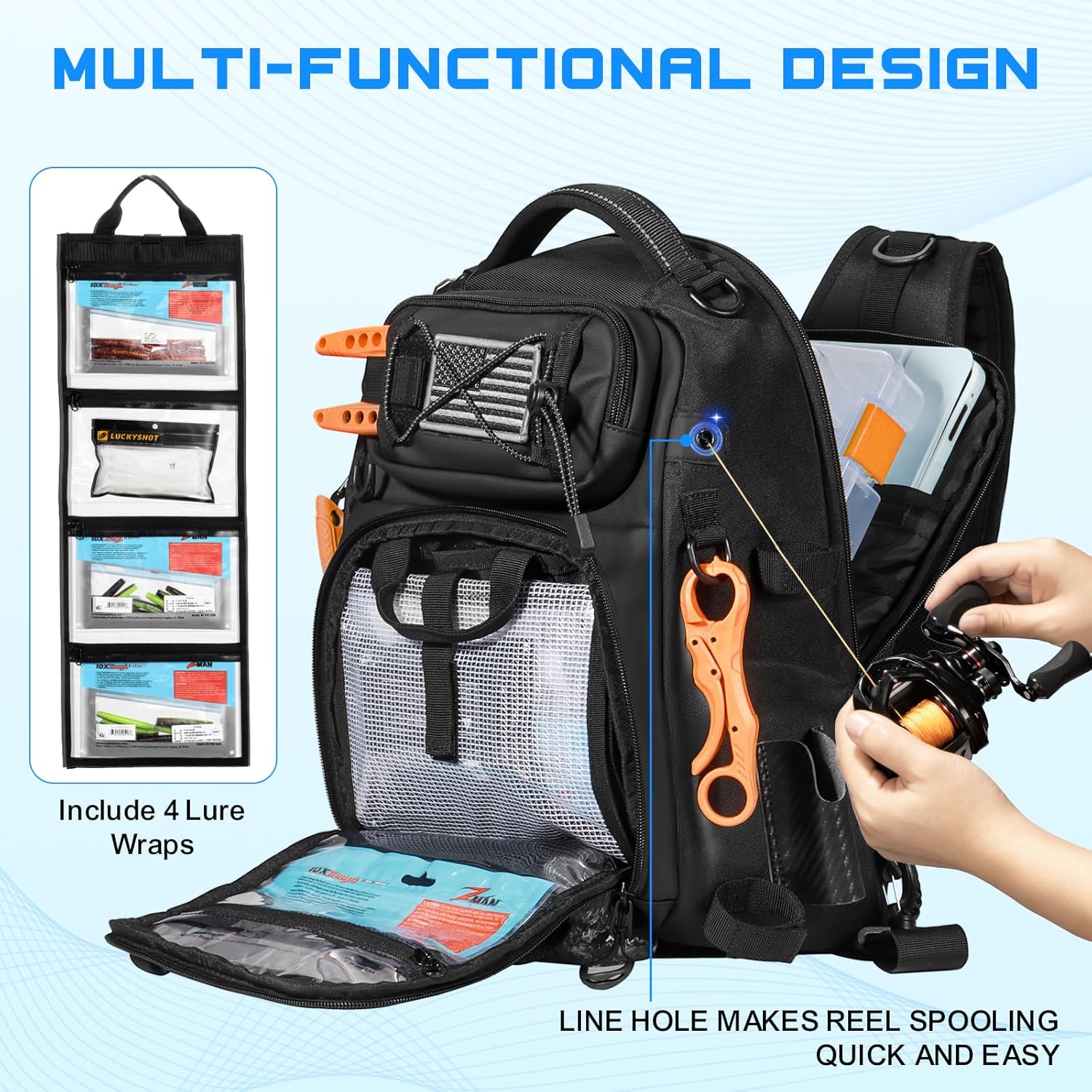 18L Fishing Sling Bag with Removable Lure Wraps and Rod & Beverage Holder, Tackle Bag for Fishing Gear