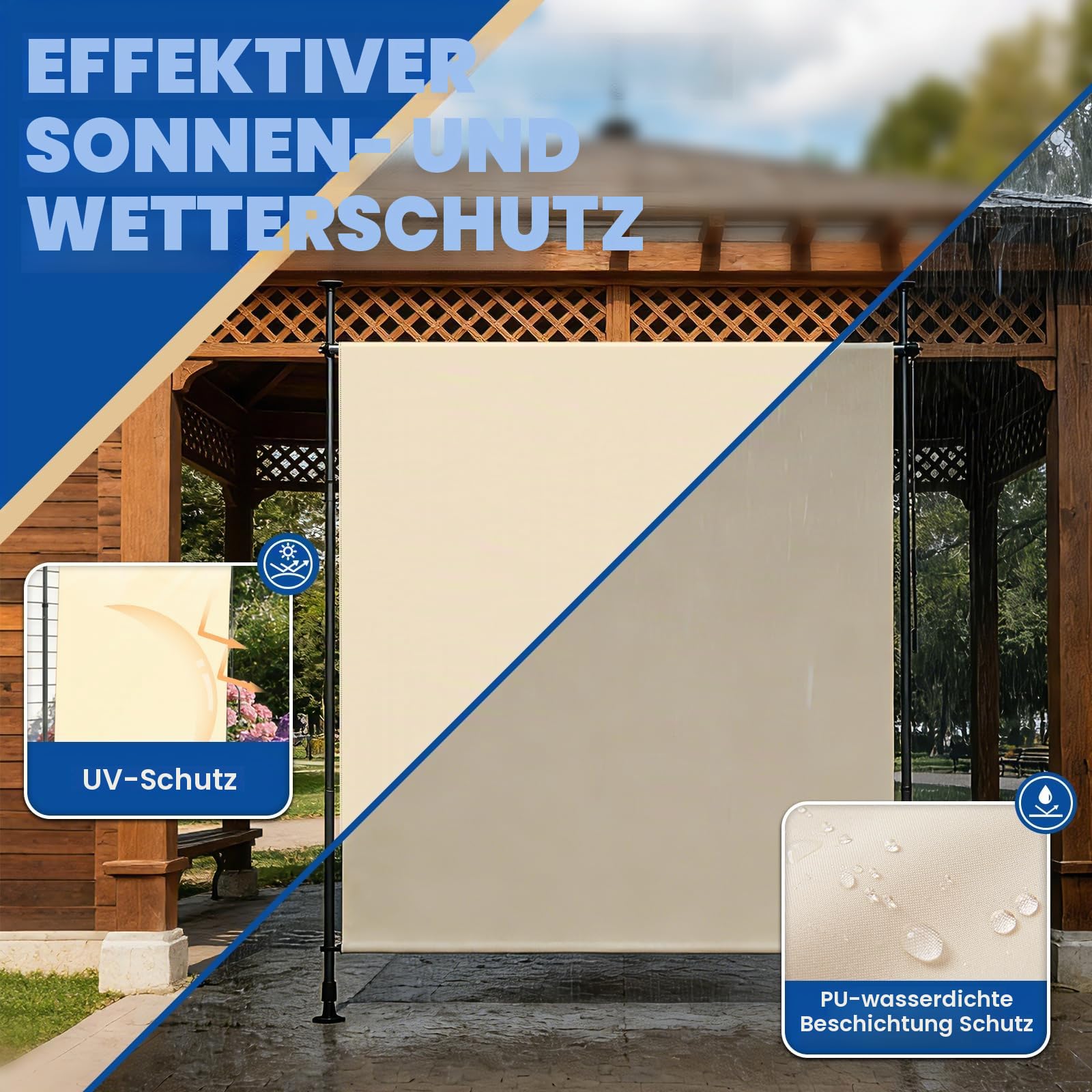 Verdego Senkrechtmarkise Außen, Klemmmarkise Senkrecht 200x270x(210-310) cm, Außenrollo mit Handkurbel, Wasserfest Sichtschutz Sonnenschutz, Vertikalmarkise ohne Bohren für Balkon Terrasse, Beige