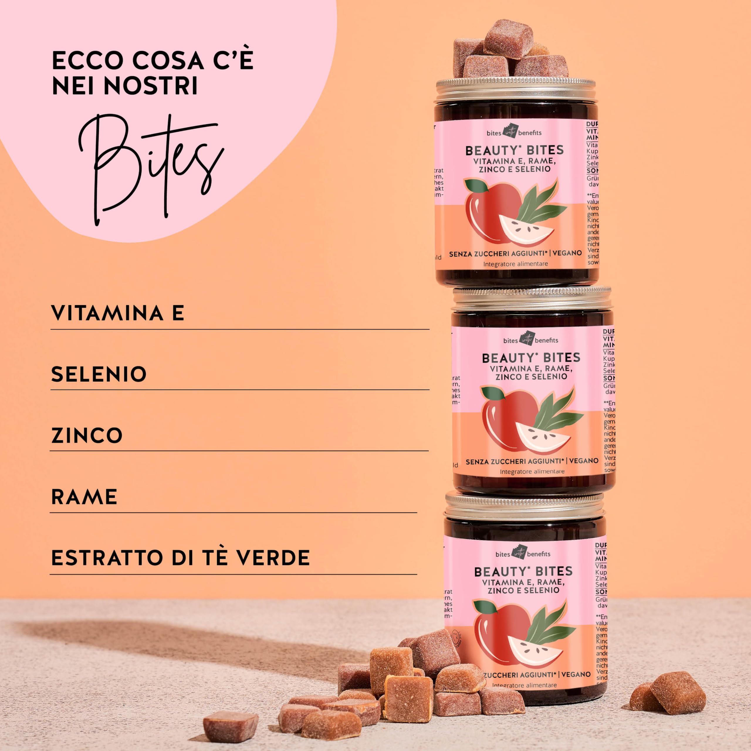 Beauty Bites - Rinforzo dei capelli e ringiovanimento della pelle - Vitamina E, selenio, zinco, rame & estratto di tè verde - Senza zucchero e dolcificanti - 45 pezzi - Vegan - Bears with Benefits