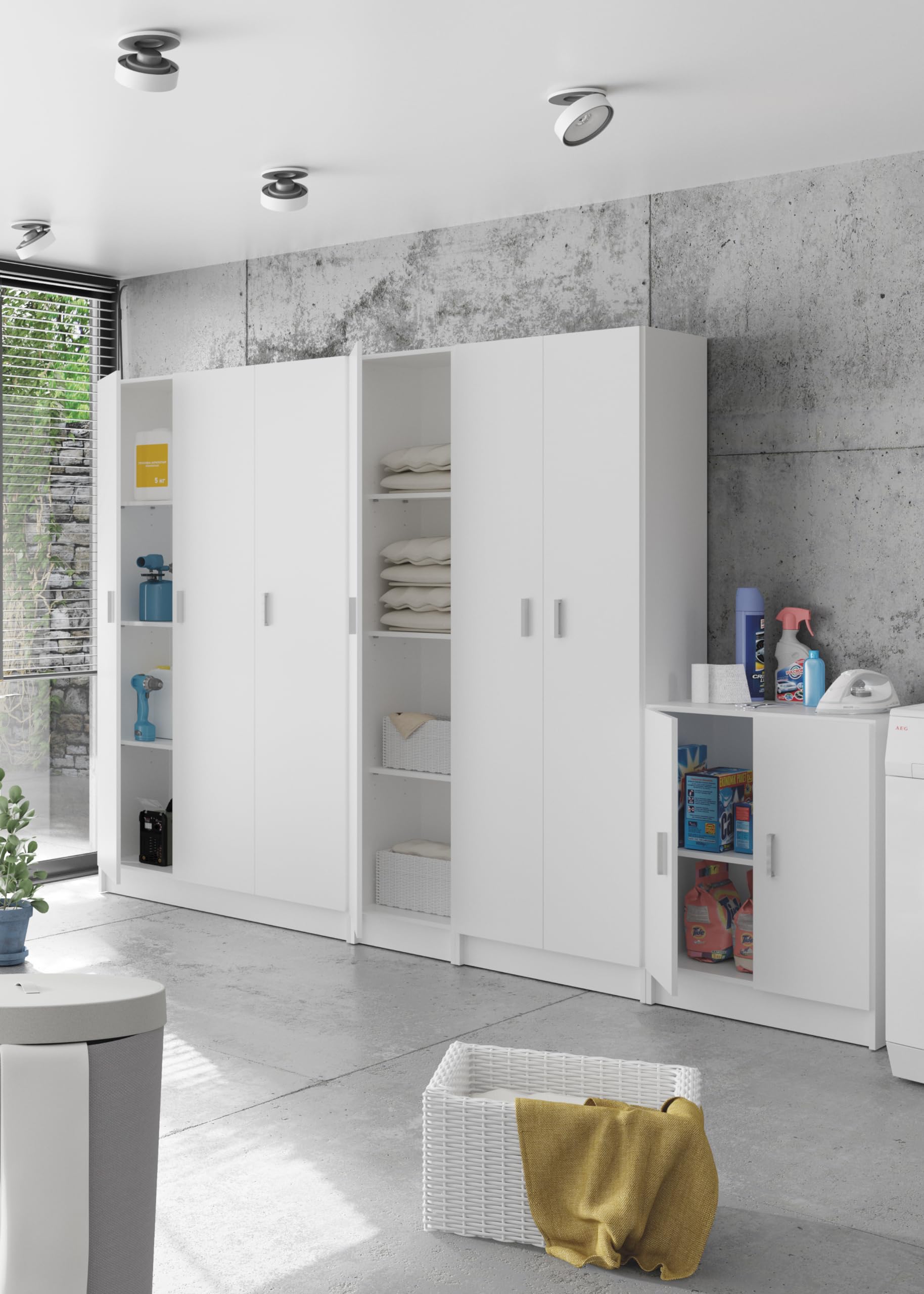 amuéblate Online - Armario Auxiliar Multiusos Escobero de Tres Puertas, Modelo Delta, Color Blanco, Medidas: 109 cm (Ancho) x 180 cm (Alto) x 37 cm (Fondo)