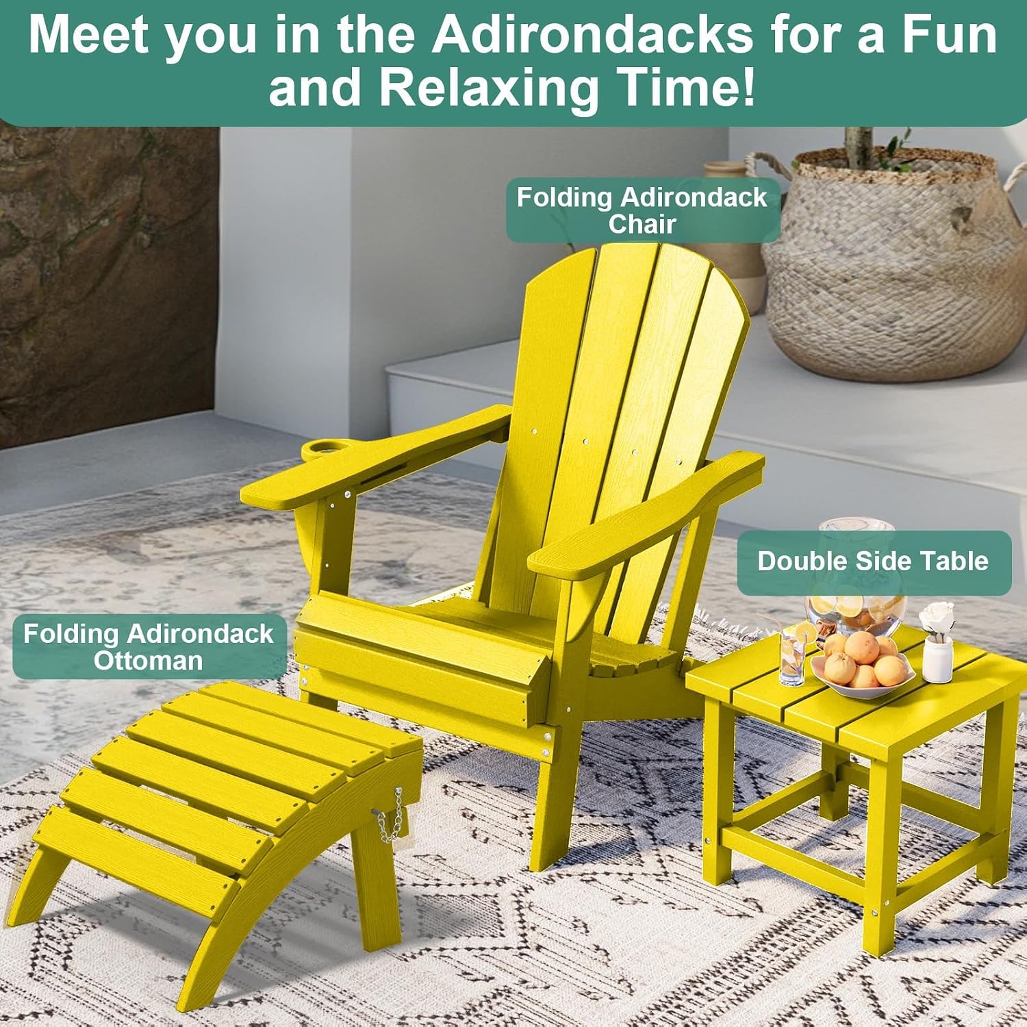 PLUUV Folding Adirondack Ottoman Footrest, HDPE Outdoor Footstool No Assembly, All Weather Ottoman for Adirondack Chair for Poolside, Patio, Lawn, Backyard, Deck (Yellow)