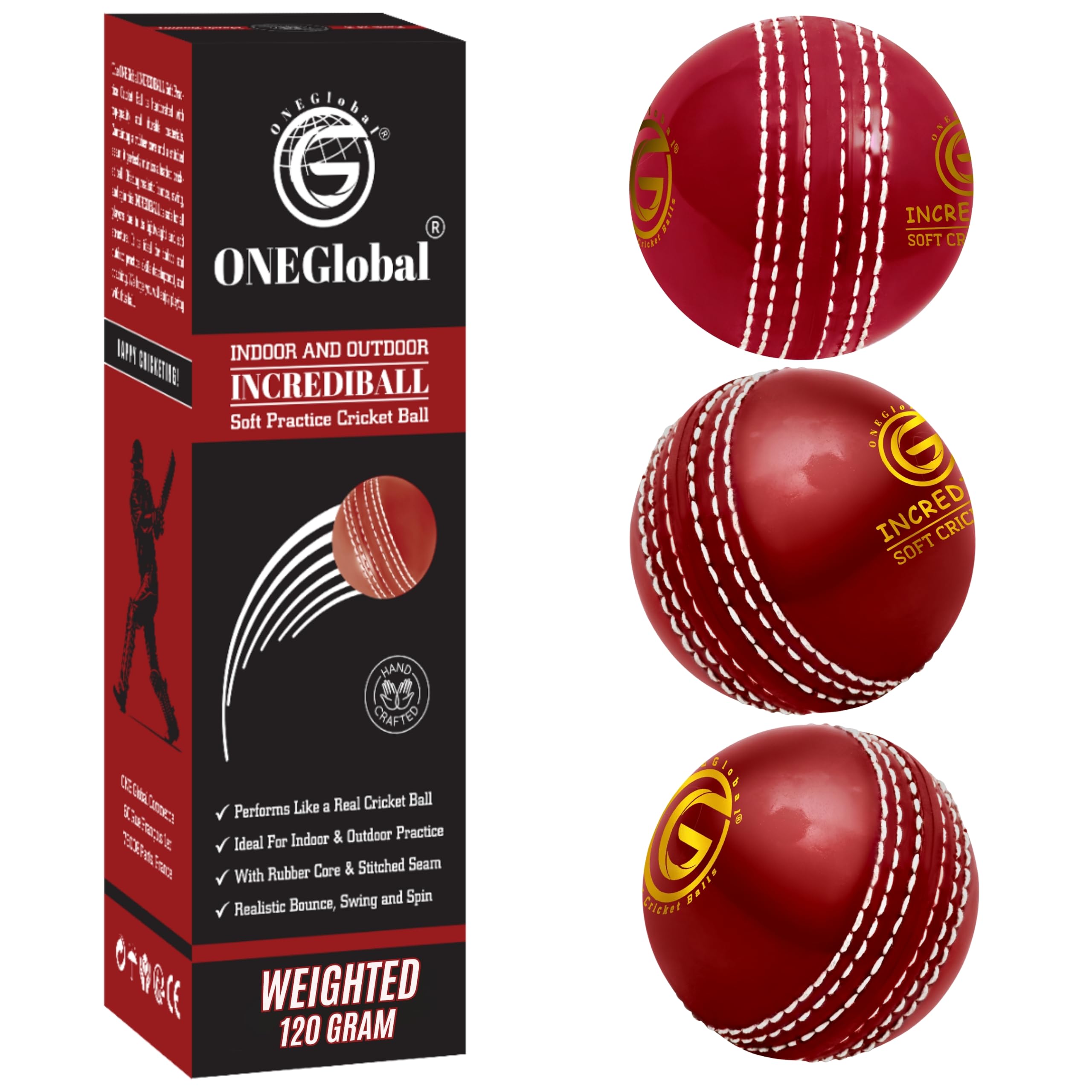 ONEGlobal Incrediball Soft Practice Cricket Ball | Outdoor & Indoor Rubber Cricket Ball With Core & Stitched Seam | For Practice, Training & Family Fun | Senior & Junior Size (Weighted 120g, 3-Red) — image 1
