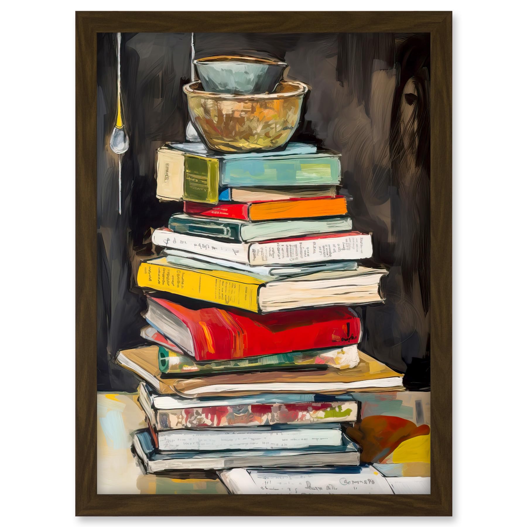 Artery8 A Stack of Recipe Cookbooks with Bowls on Top Artwork Framed A3 Wall Art Print