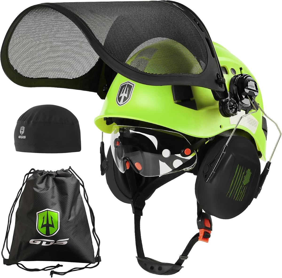 GREEN DEVIL Casco de seguridad para motosierra forestal con protector facial de malla, visera y orejeras incorporadas, sistema 5 en 1, casco de arborista ventilado ANSI Z89.1, casco duro para tala, trabajo en el jardín, cascos para hombres y mujeres