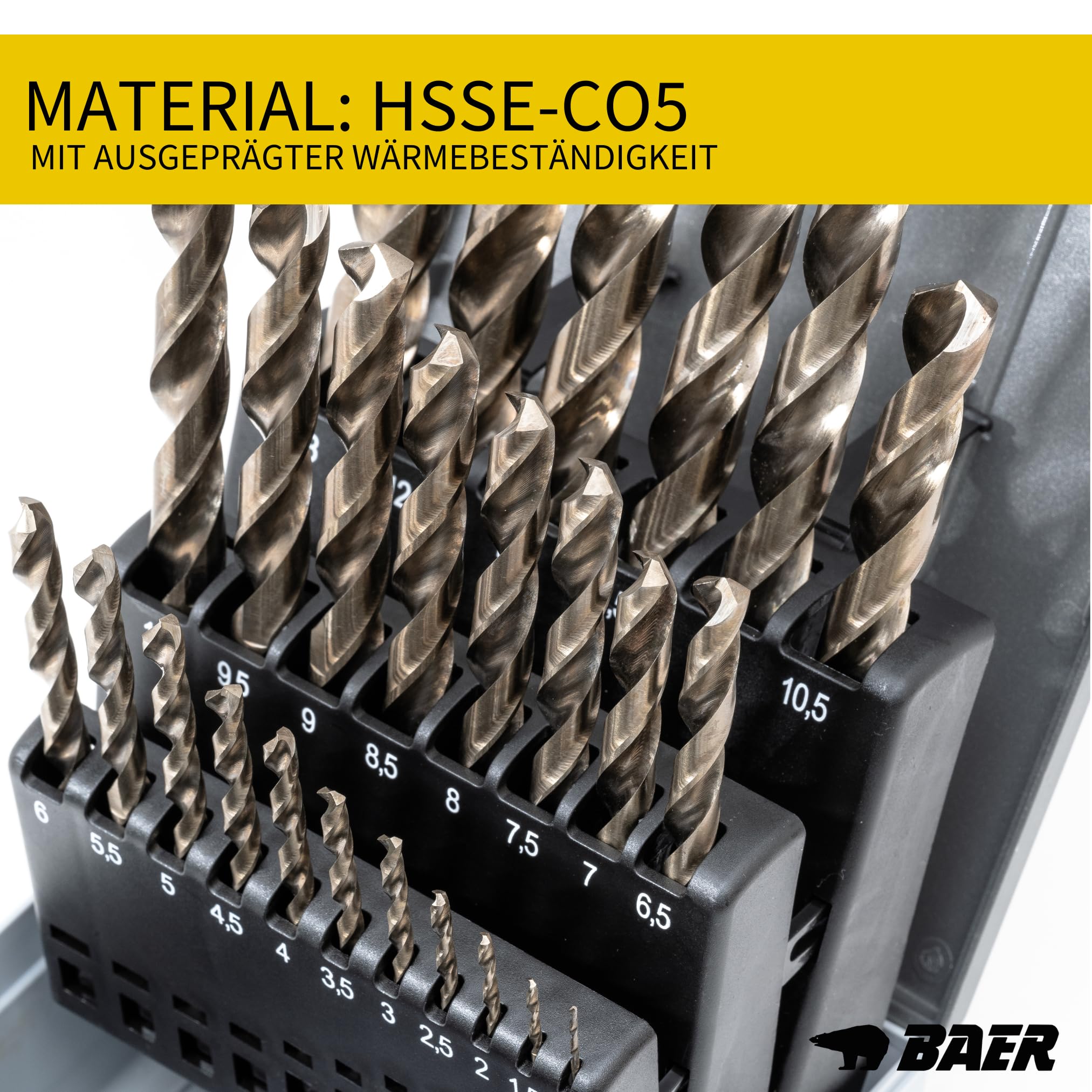 BaerCoil BAER HSSE - Juego de brocas de acero inoxidable (25 piezas, 1 – 13 mm en incrementos de 0,5 mm, 5% de acero de alta velocidad de cobalto, para hierro, acero y bronces de hasta 1300 N/mm², etc