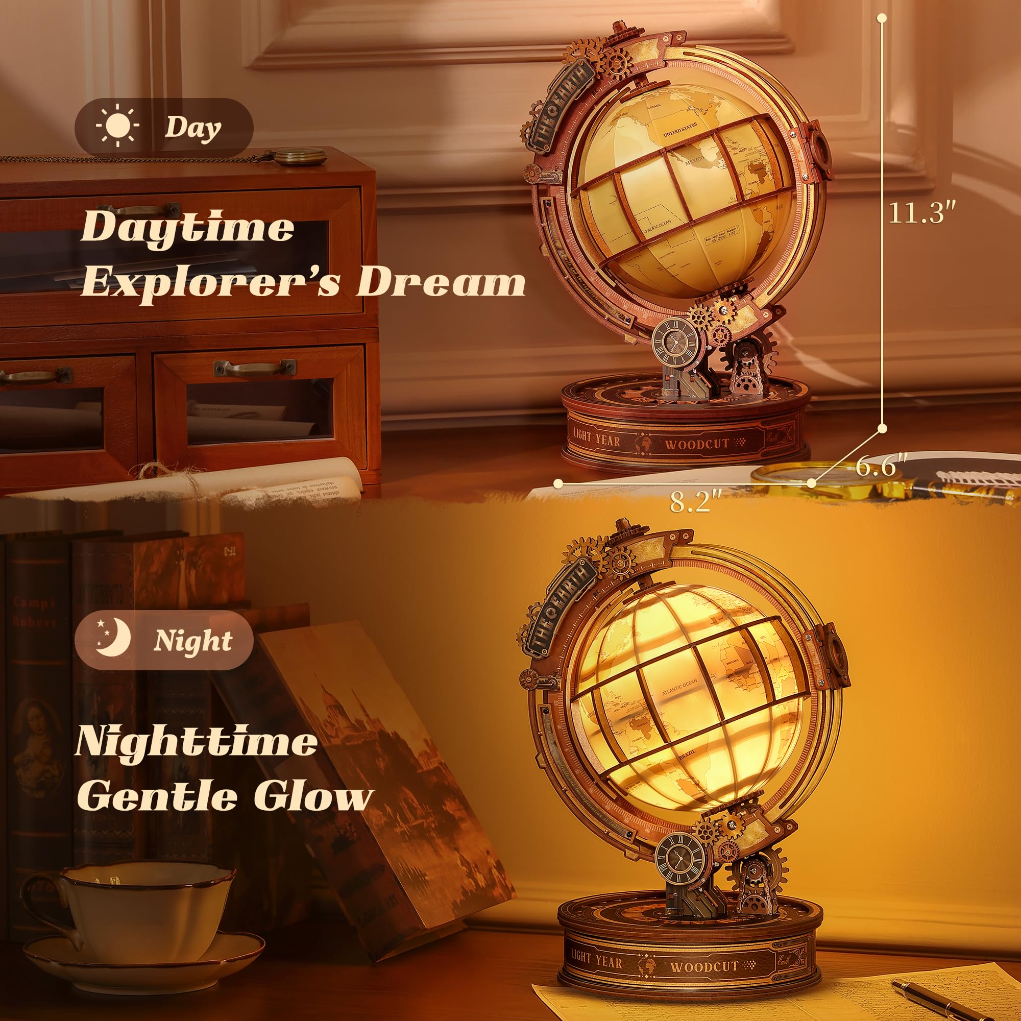 FUNPOLA 3D Holzpuzzle Star Orbit Globe, LED Steampunk Globus Bausatz mit Rotierender Weltkarte, Mechanisches DIY Modell, Vintage Deko Geschenk für Erwachsene (14+)