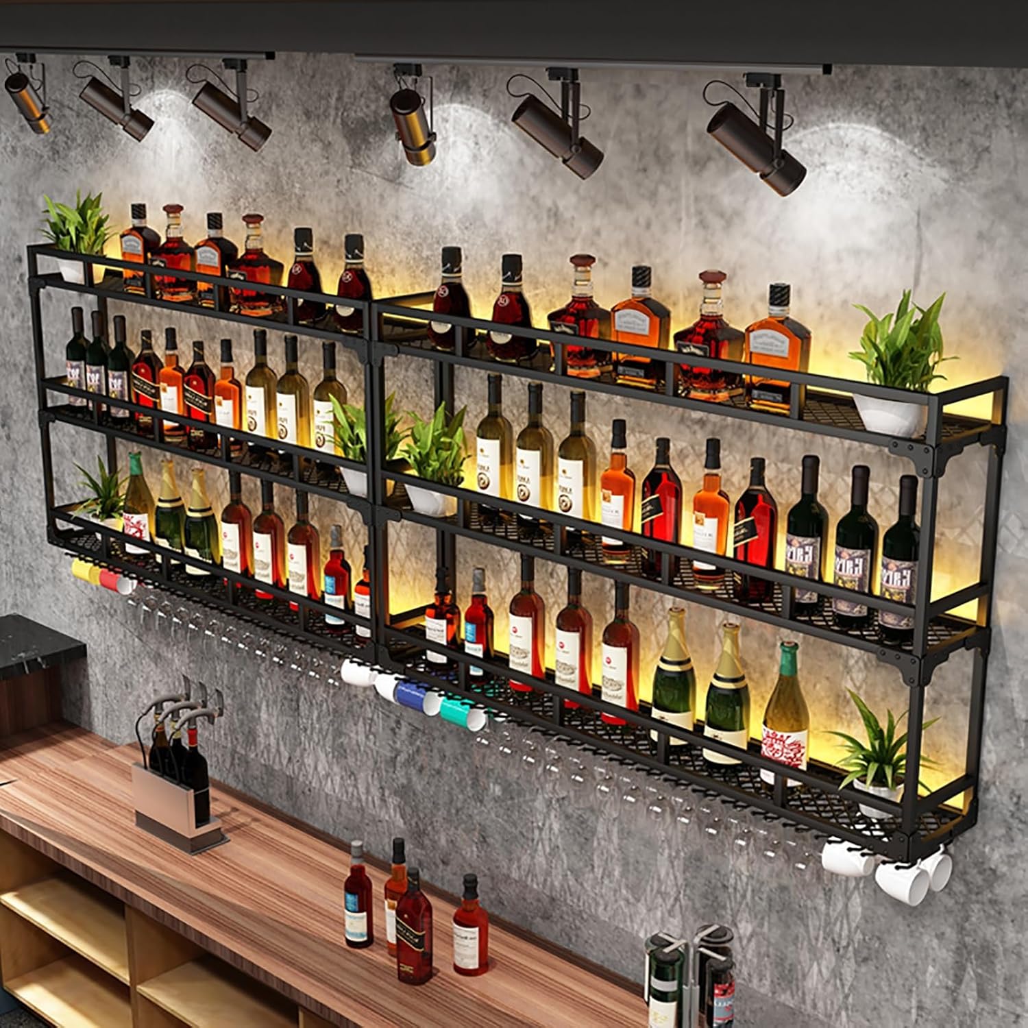 Modern Wall Mounted Wine Rack with LED Light Bar Floating Liquor Display Shelves Wine Glass Holder Multi Functional Storage for Home Bar Dining Room Kitchen Black (80x25x90cm)