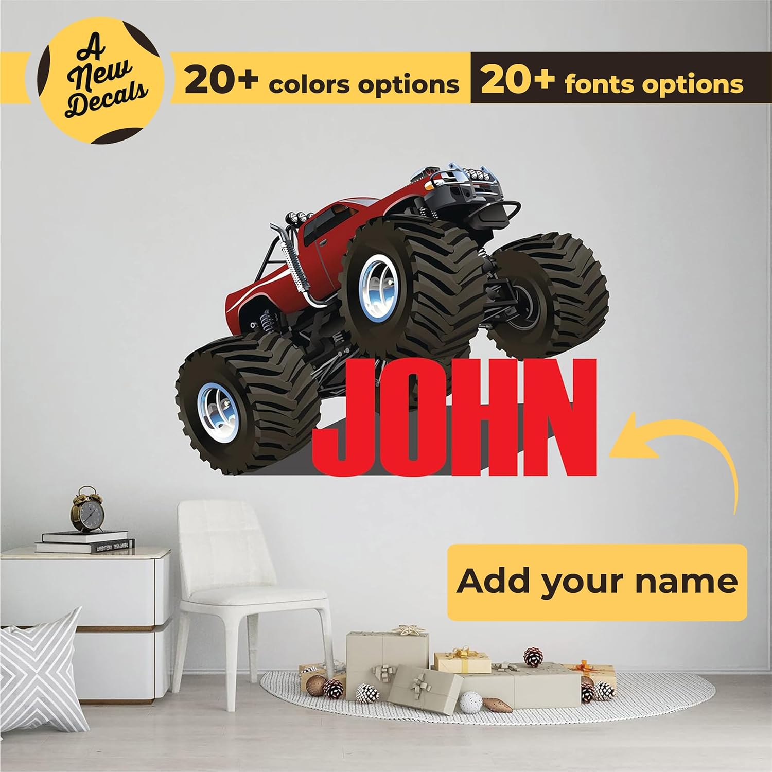 Personalized Colored Monster Truck Wall Decal Off Road - Wall Sticker Hole in The Wall for The Boy's Room - Custom Your Own Name D-2