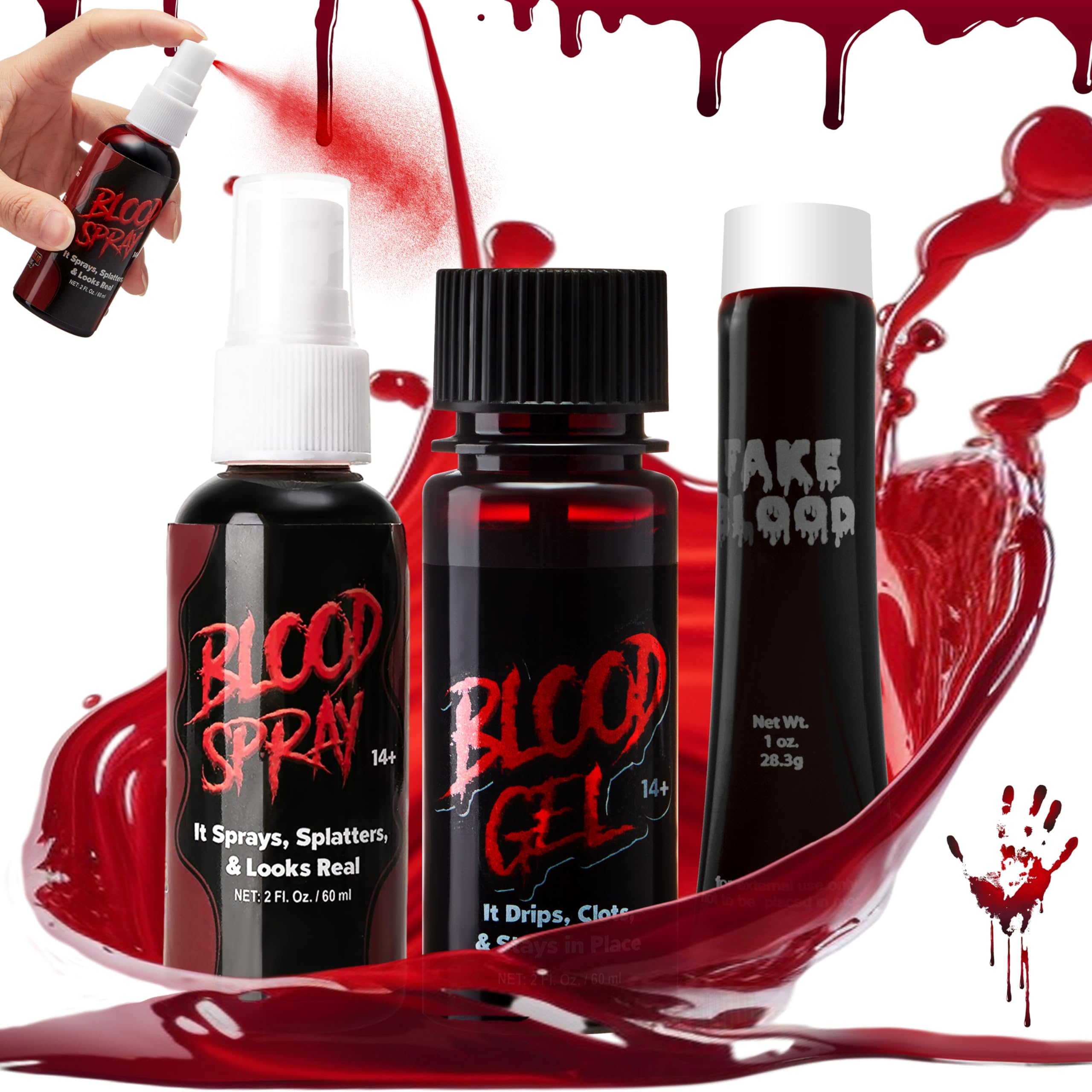 Spooktacular Creations 3 paquetes de sangre falsa de Halloween, gel de sangre, spray de sangre y tubo de sangre de vampiro para disfraz de Halloween, maquillaje de zombie, vampiro y monstruo