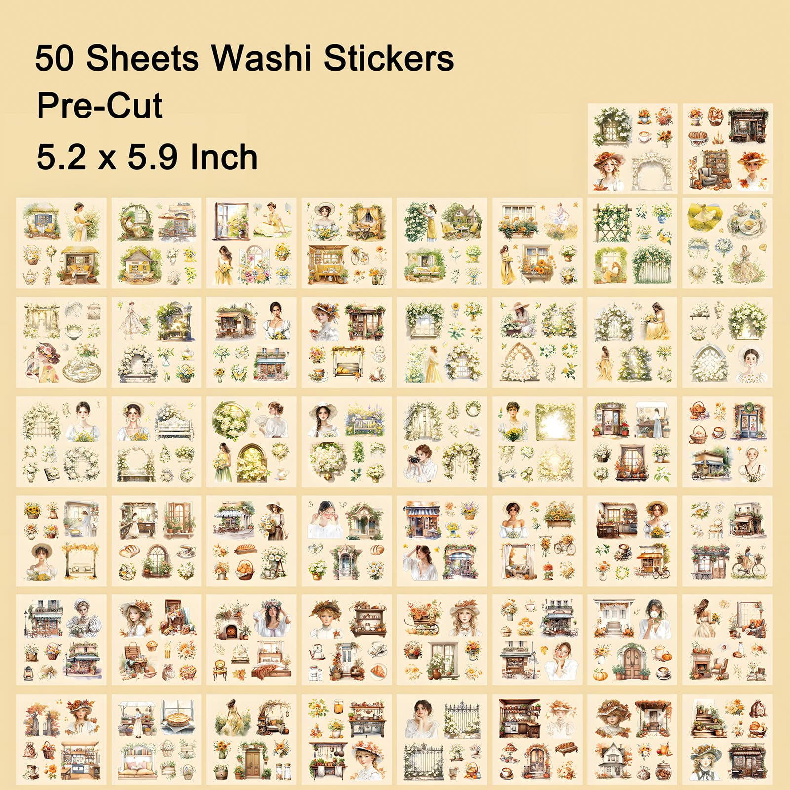 YagCu Dziennik ogrodowy, naklejka, 50 arkuszy Washi Junk Journaling Stick, artykuły do scrapbookingu, akwarela, scrapbooking dla dorosłych, żółta, dekoracyjna, efemerydy, sztuka, rękodzieło