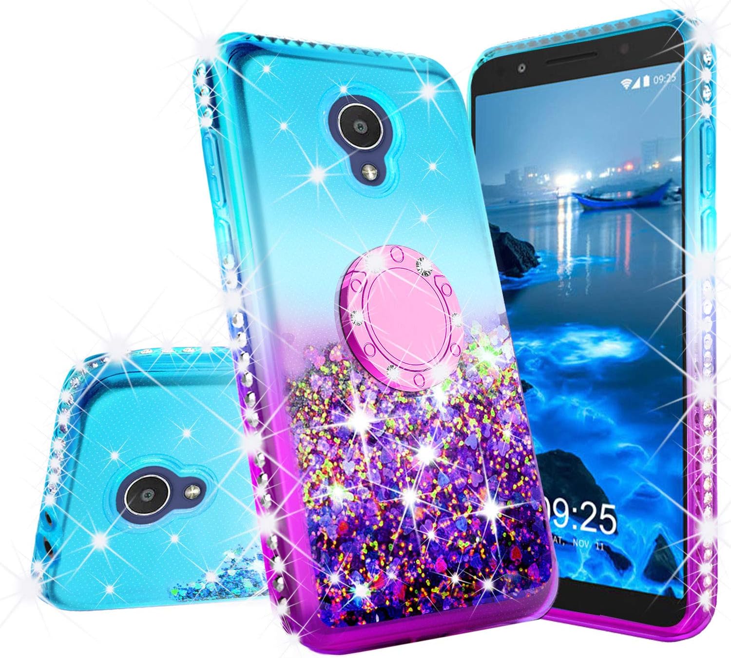 Alcatel Avalon V Case,Alcatel 1X Evolve Case, Alcatel TCL LX (A502DL) Case, Alcatel IdealXTRA Case, Ring Stand Glitter Liquid Quicksand Floating Sparkle Bling Diamond Girls Cute Case - Teal/Blue