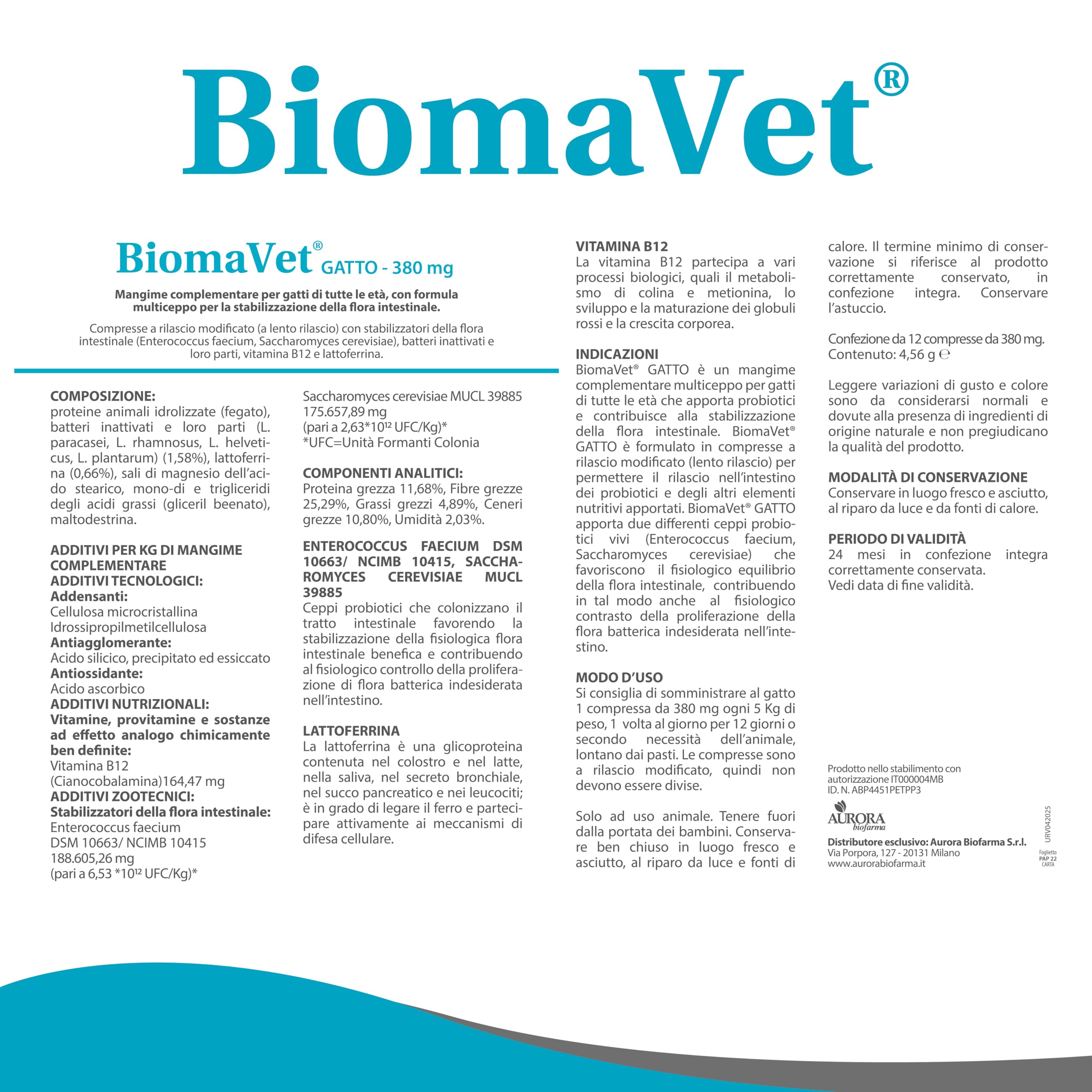 BiomaVet Probiotici Gatto per il Benessere Intestinale - Probiotici per Gatti con Formulazione Multiceppo, Lattoferrina e Vitamina B12-12 Compresse da 380mg