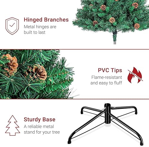 Miniatura 5 de LEEVOT Árbol de Navidad artificial con bisagras de 6 pies con piñas con 1,200 ramas para uso en el hogar, fiestas y oficina. Fácil de montar,