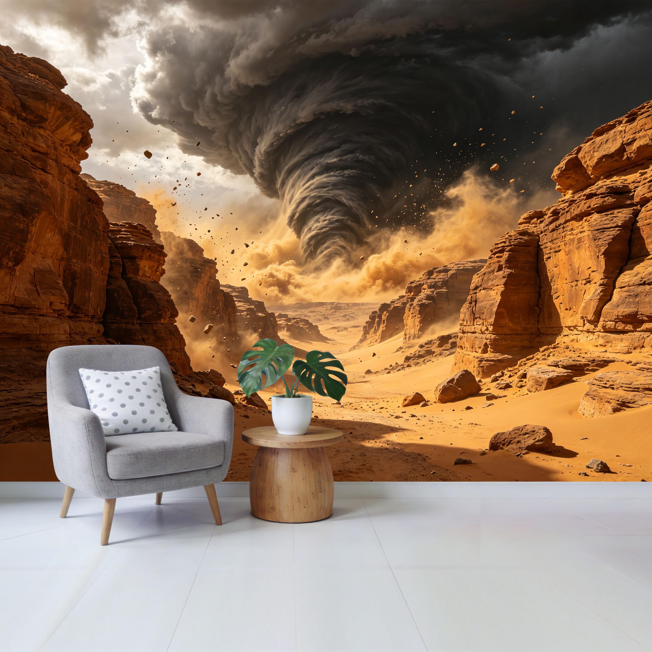 Custom Size Wall Mural Dramatic Desert Tornado Landscape 3D Effect Removable Self Adhesive Fabric， Home Wall Decor for Living Room Bedroom Bathroom Large Scale Mural Art