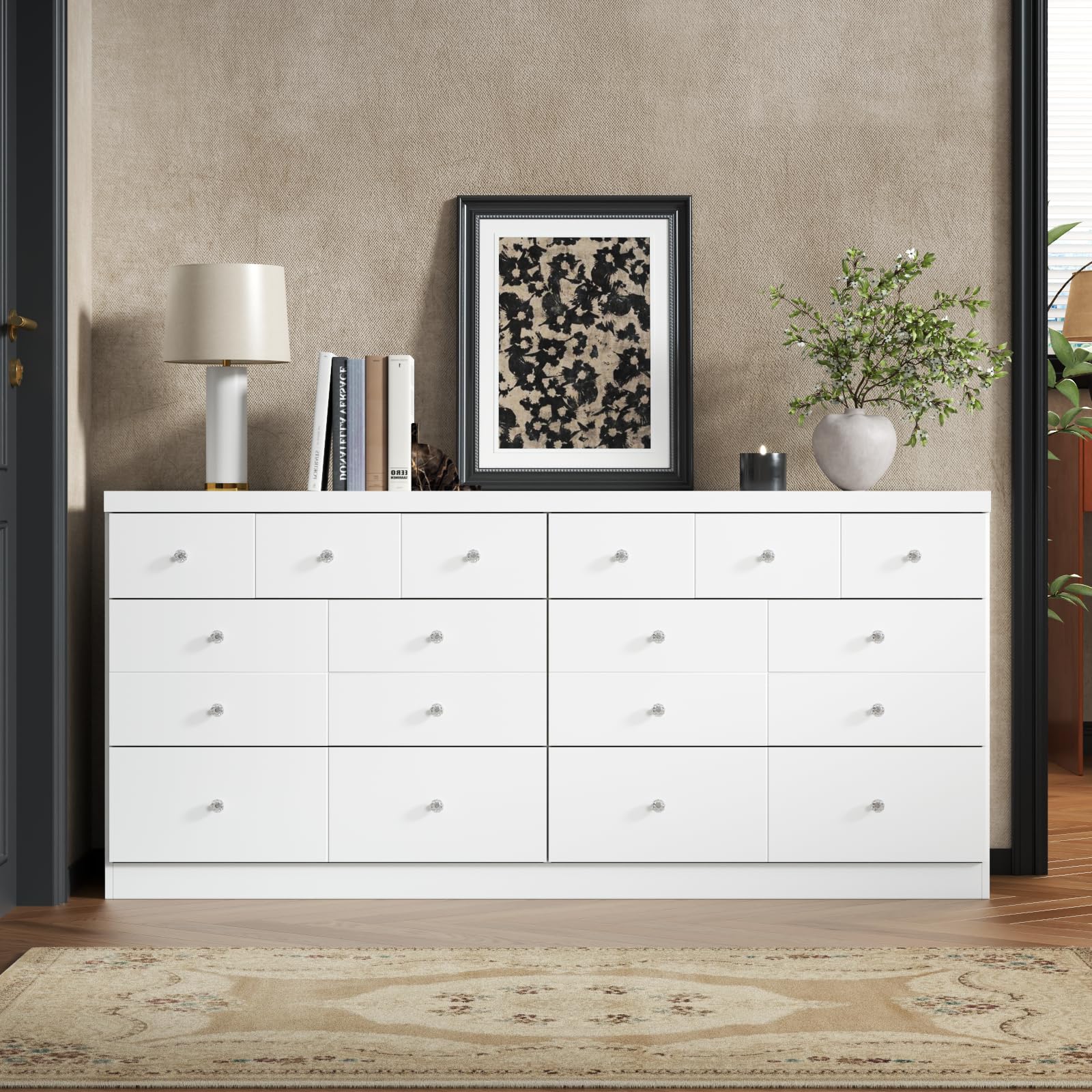 63'' White Long Dresser for Bedroom, Double Wide Dressers 6 Drawer Dresser with 14 Organized Compartment, Modern White Wood Dresser 6 Drawer with Glass Handle, Extra Large Chest of Drawers for