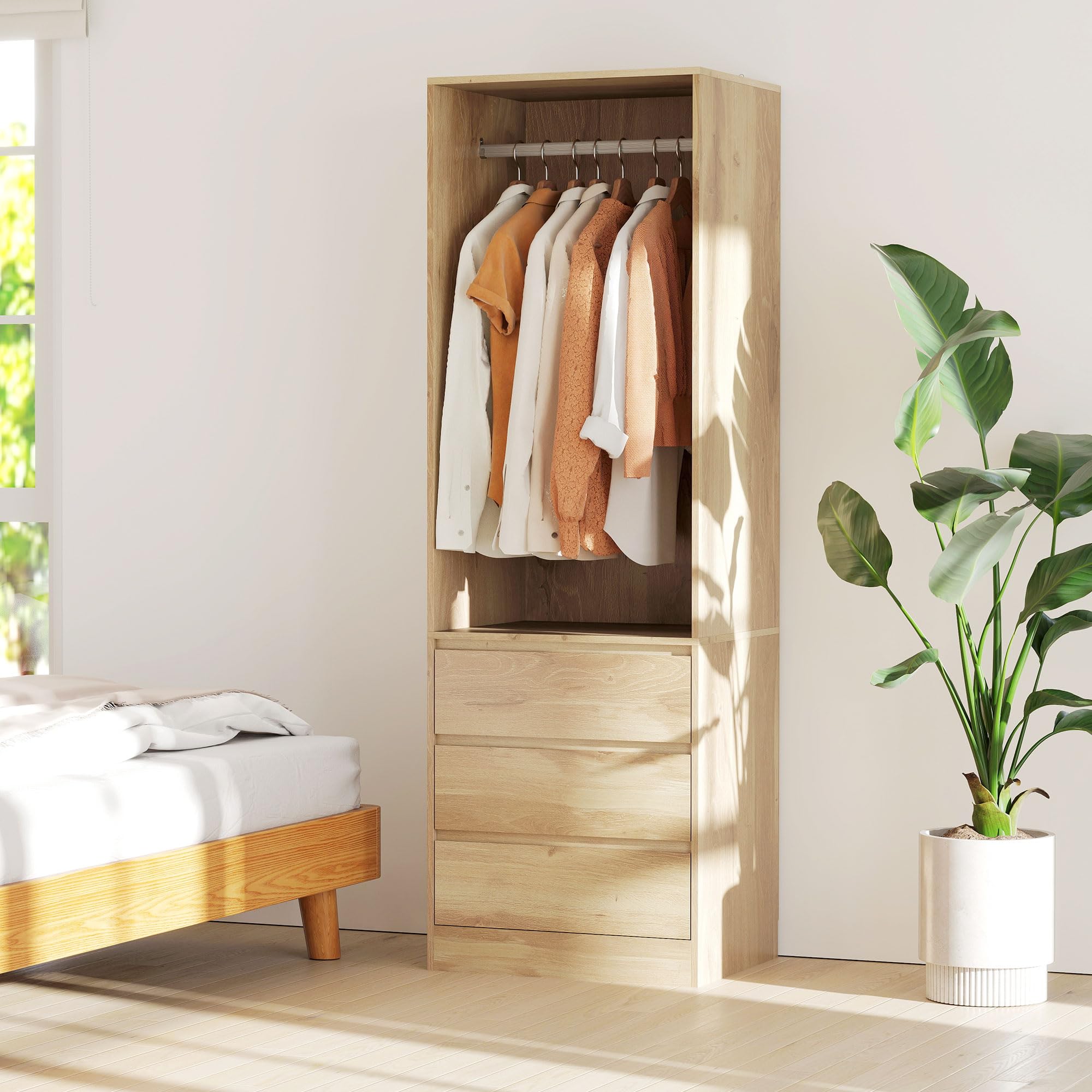 HOMCOM Armadio Guardaroba Salvaspazio con Asta Appendiabiti, Ripiano Aperto e 3 Cassetti, Armadio Camera da Letto, Mobile Guardaroba, 60x48.5x185 cm, Color Teak