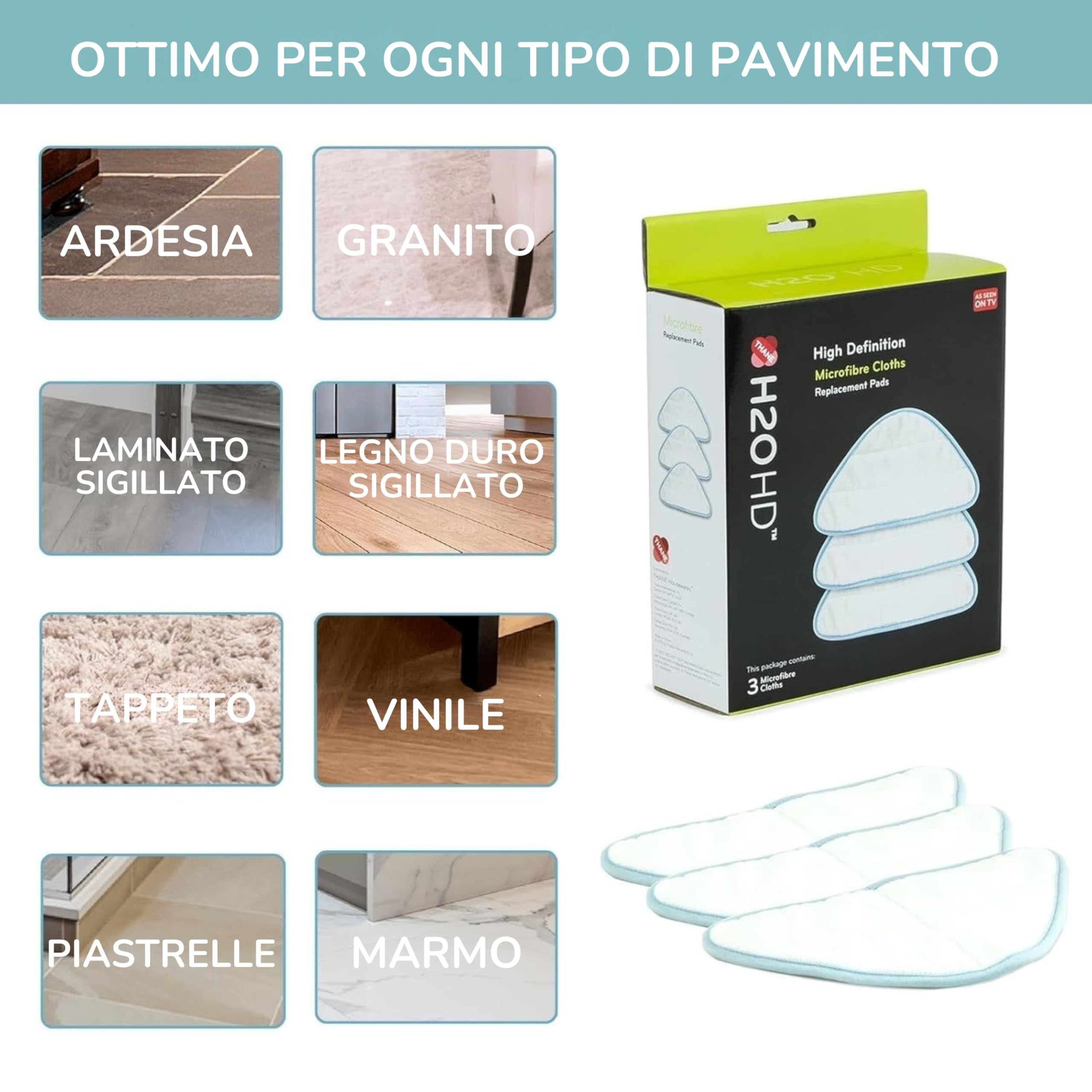 H2O HD Set di 3 Panni in Microfibra – Ricambi Lavabili per Scopa a Vapore – Compatibili con H2O HD, Dual Blast e Lite – Elevata Assorbenza