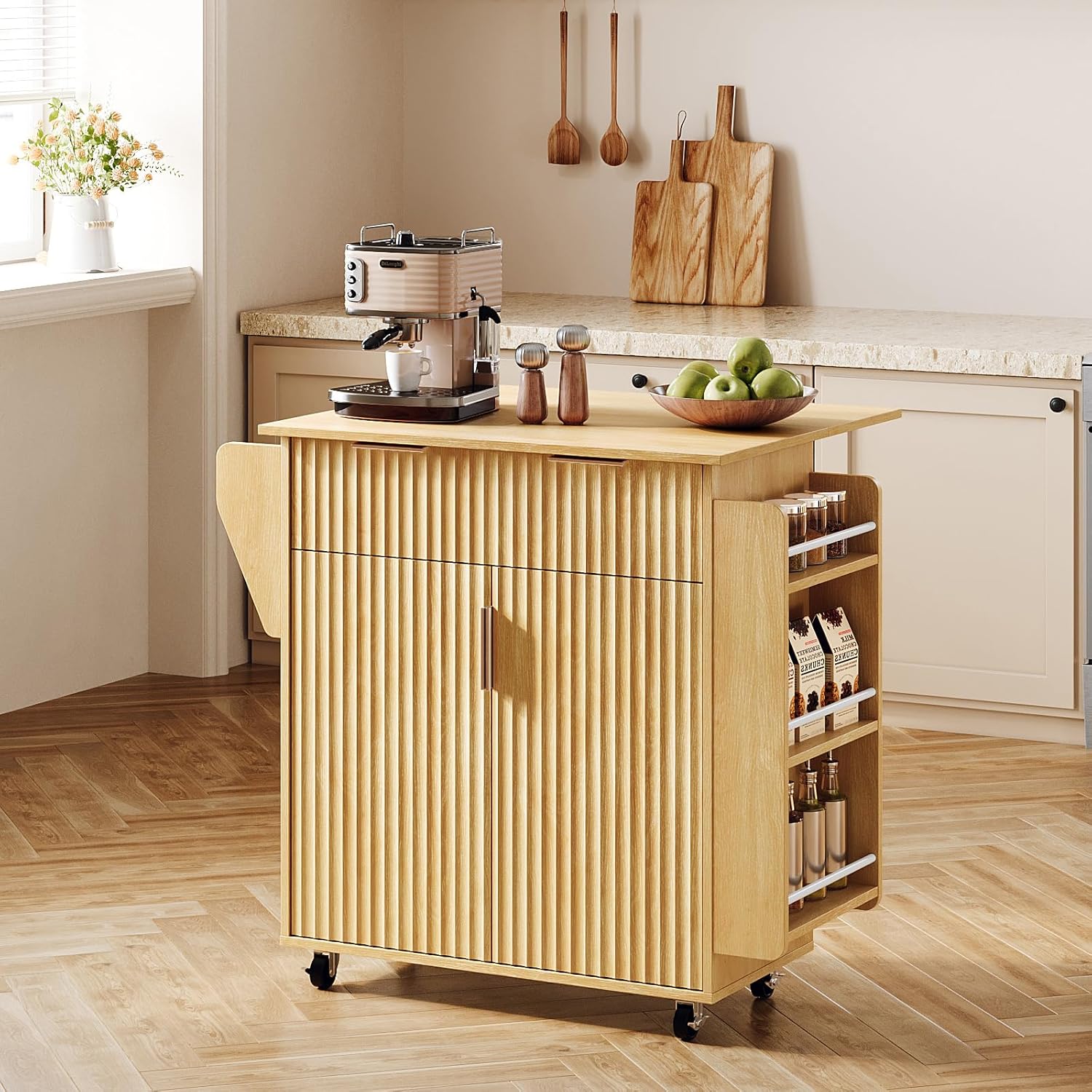 VINGLI Kitchen Island Cart with Storage, Rolling Kitchen Cart on Wheels with Foldable Drop Leaf, Rubber Wood Top Cabinet with Drawer & Doors, Narrow Island Table for Small Kitchen, Oak