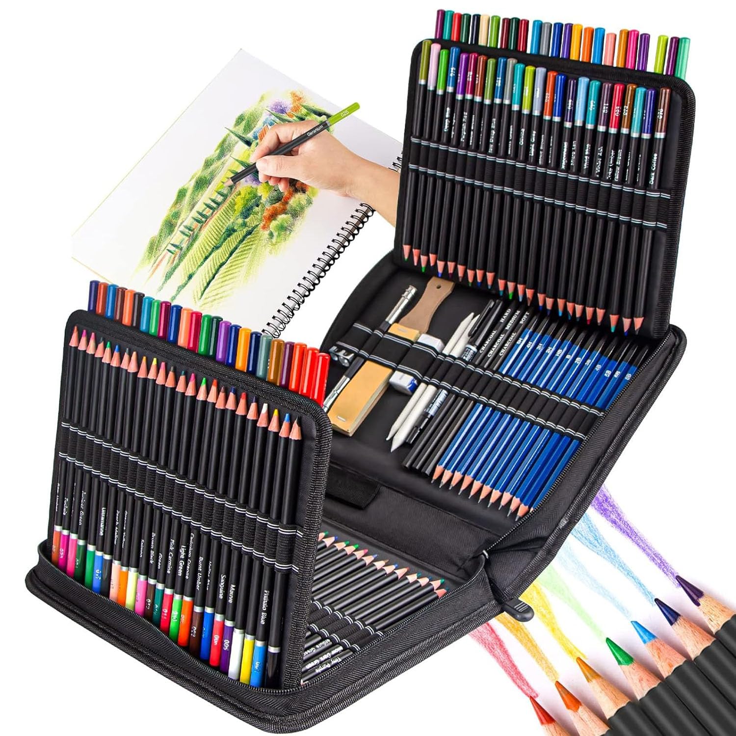 Joyzzz Colored Pencils Set, 145 Pack Drawing Set Sketching Kit with 120 Professional Soft Core Colored Pencils, Sketch & Charcoal Pencils, Sketchbook, Art Drawing Supplies for Artists Adults Beginner
